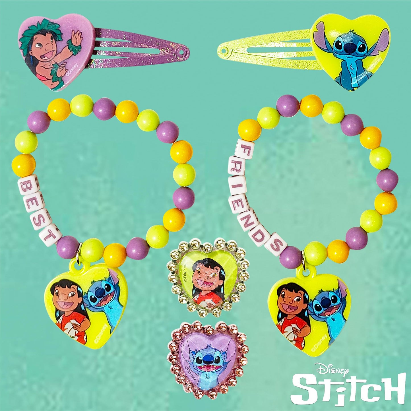 LUV HER Disney Stitch Girls BFF 6 Piece Toy Jewelry Box Set with 2 Rings, 2 Bead Bracelets and Snap Hair Clips Ages 3+