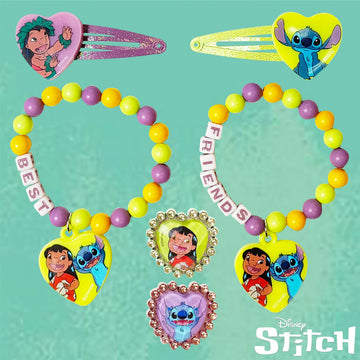 LUV HER Disney Stitch Girls BFF 6 Piece Toy Jewelry Box Set with 2 Rings, 2 Bead Bracelets and Snap Hair Clips Ages 3+