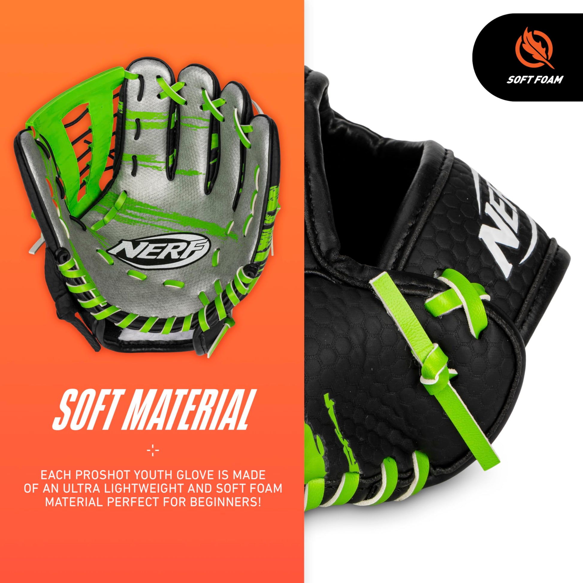 NERF Proshot Kids Teeball Glove + Ball Set - Youth Baseball Glove + Foam Ball - Boys + Girls Teeball Mitt Set - Adjustable Fit for Kids - Right Hand