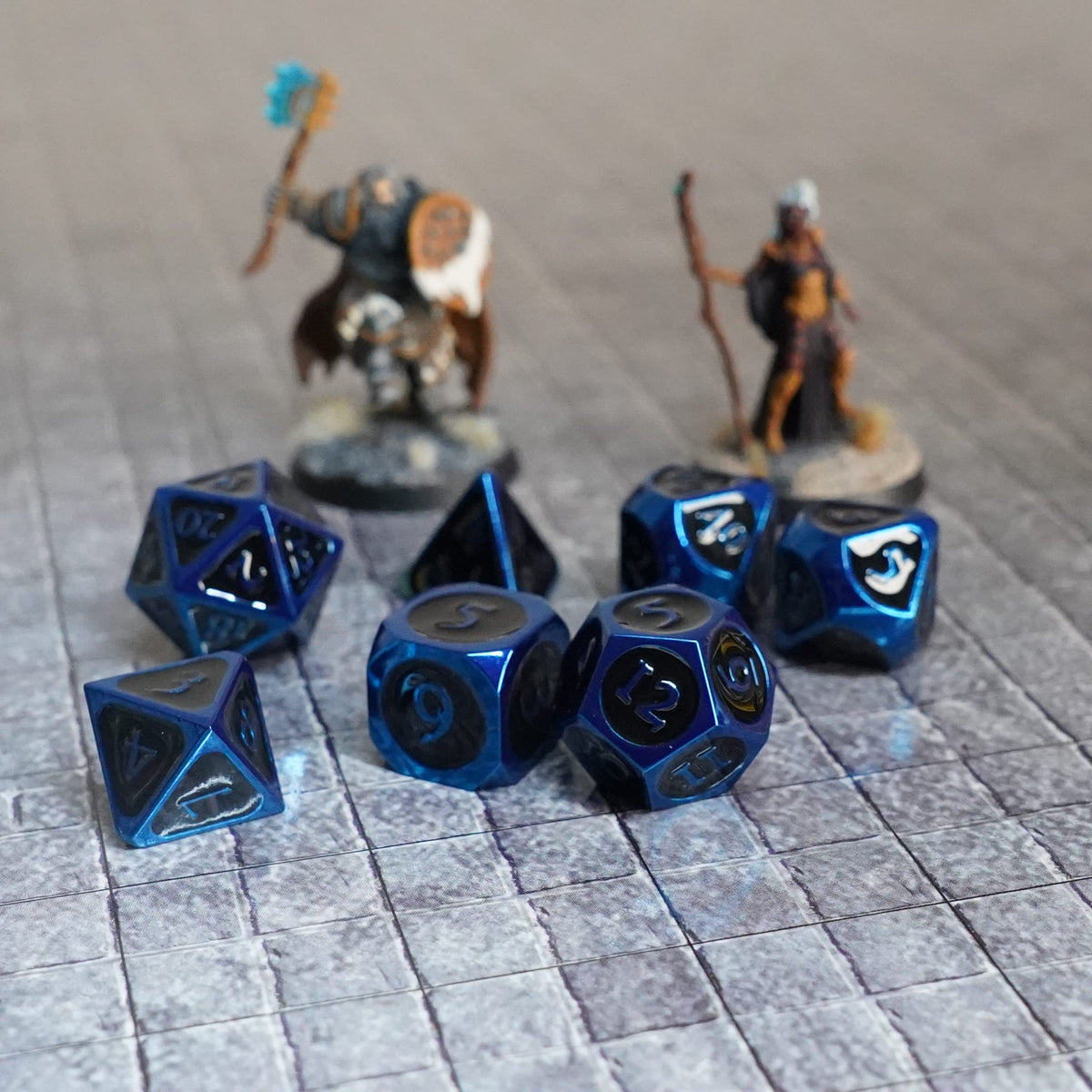 Metal Dice Metallic Dice Games Poly Set Blue w/Black Enamel (7)