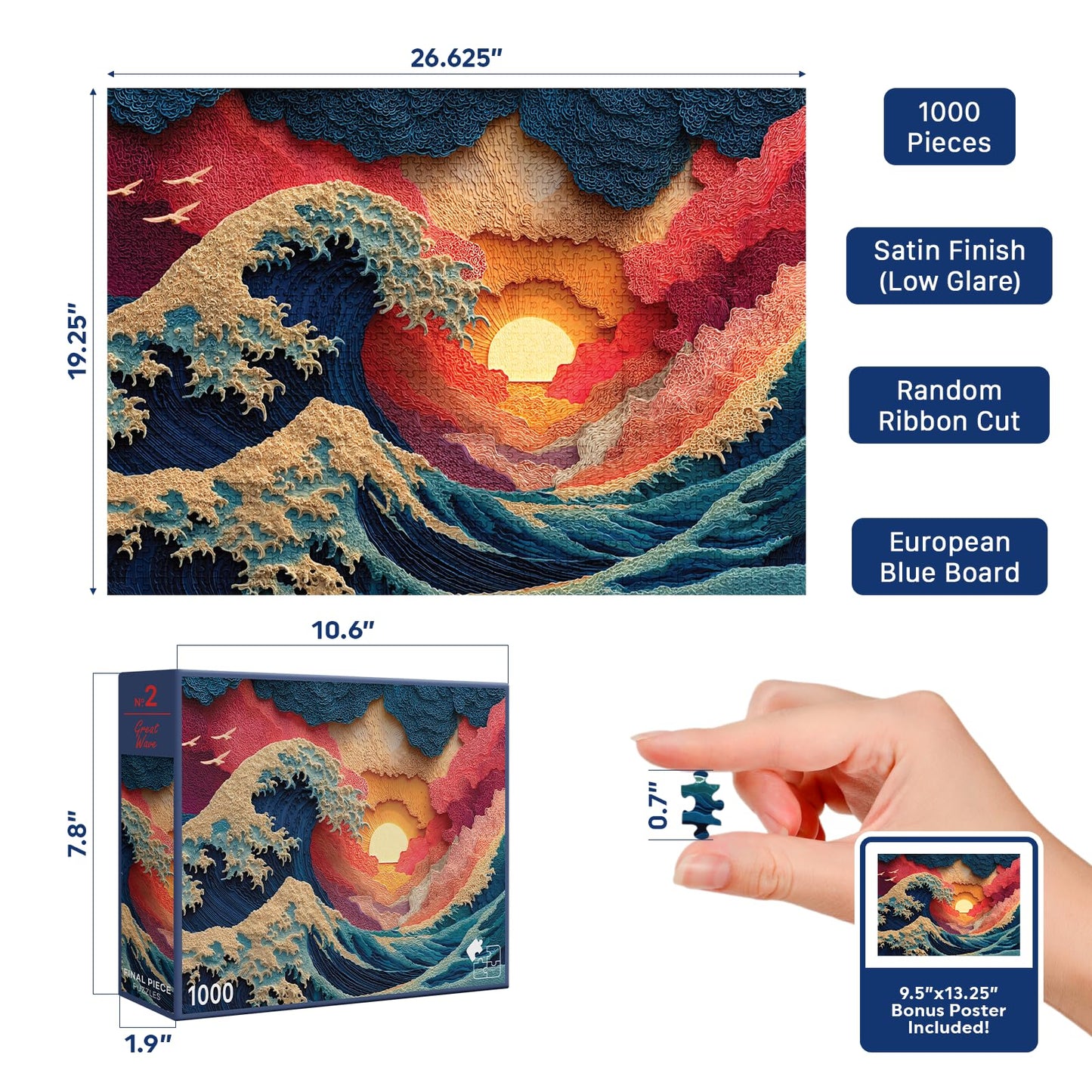 Great Wave (#2) - 1000 Piece Jigsaw Puzzle for Adults | Premium European Blue Board | Satin Low-Glare Finish | Ribbon Cut | Bonus Poster |