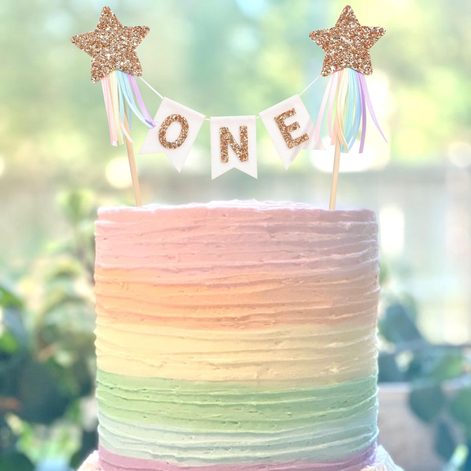 Gold Star Rainbow Cake Topper - First Birthday Pastel Rainbow Cake Topper, Shooting Star Cake Pick, Girl 1st Birthday Cake Decoration, Little Princess