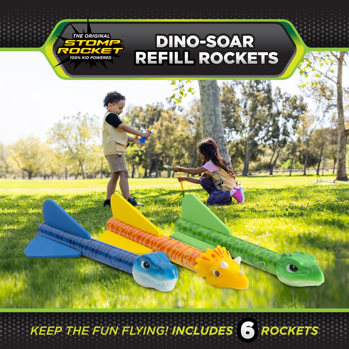 Stomp Rocket Dino-Soar Rocket Refills, 6 Rockets - Replacement Dinosaur-Themed Soft Foam Rockets for Launcher - Fun Backyard & Outdoor Kids Toys Gifts