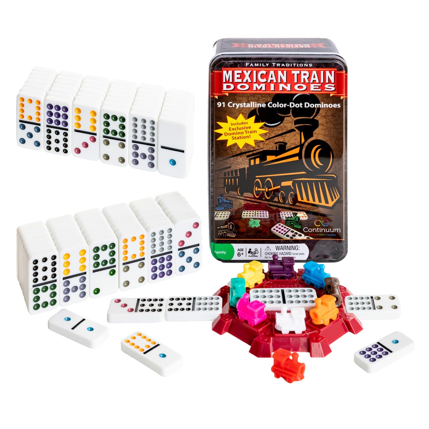 Continuum Games Family Traditions Mexican Train Dominoes Tin, Crystalline Dominoes