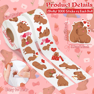 DSjuedui Romantic Capy Sticker Rolls - 2000Pcs Cute Capy with Hearts Self Adhesive Stickers for Kids, Kawaii Cartoon Animals Waterproof Decals