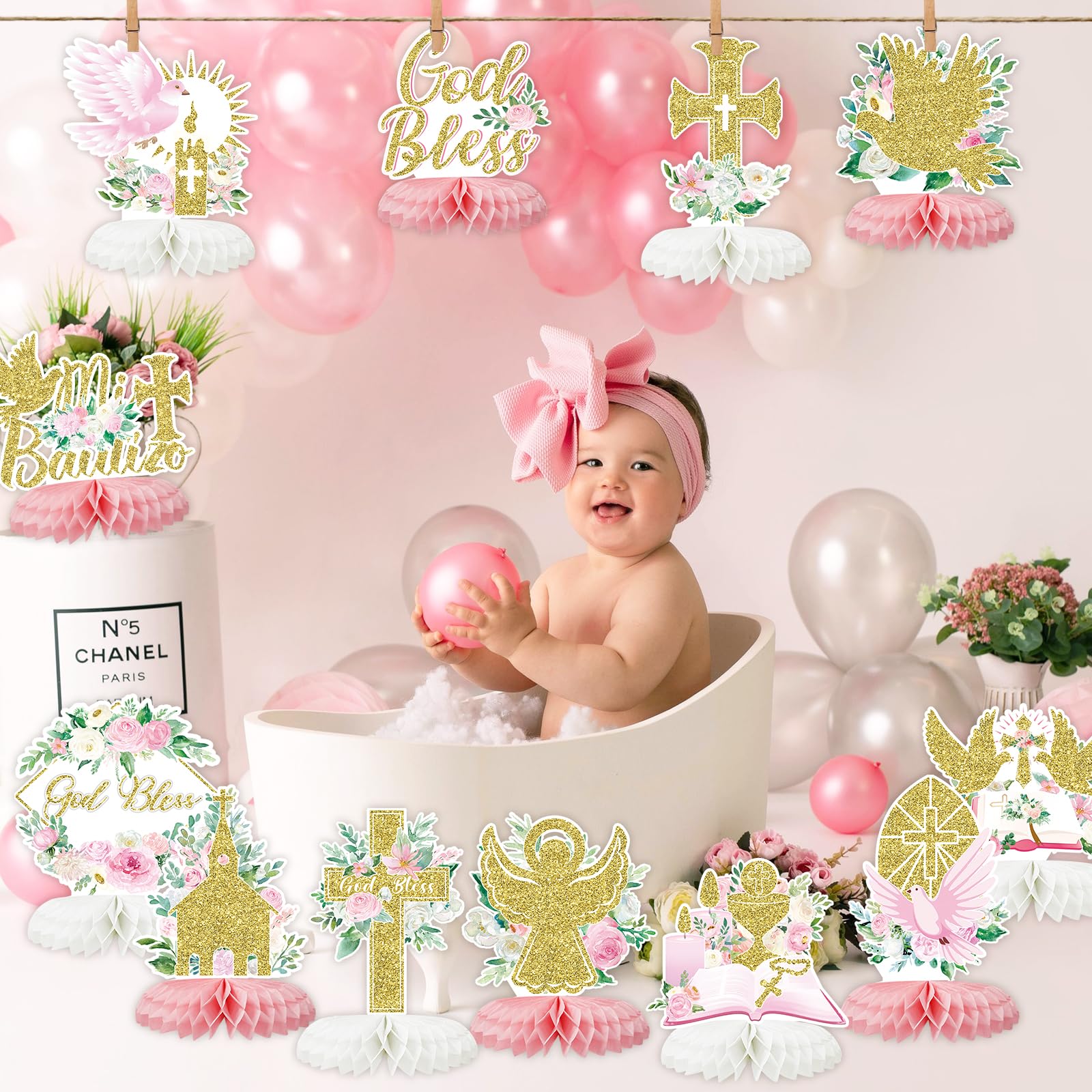 12Pcs Baptism Honeycomb Centerpieces Party Decor,Pink God Bless Cross Religious Baptism Table Centerpieces for Baby Shower First Communion Birthday