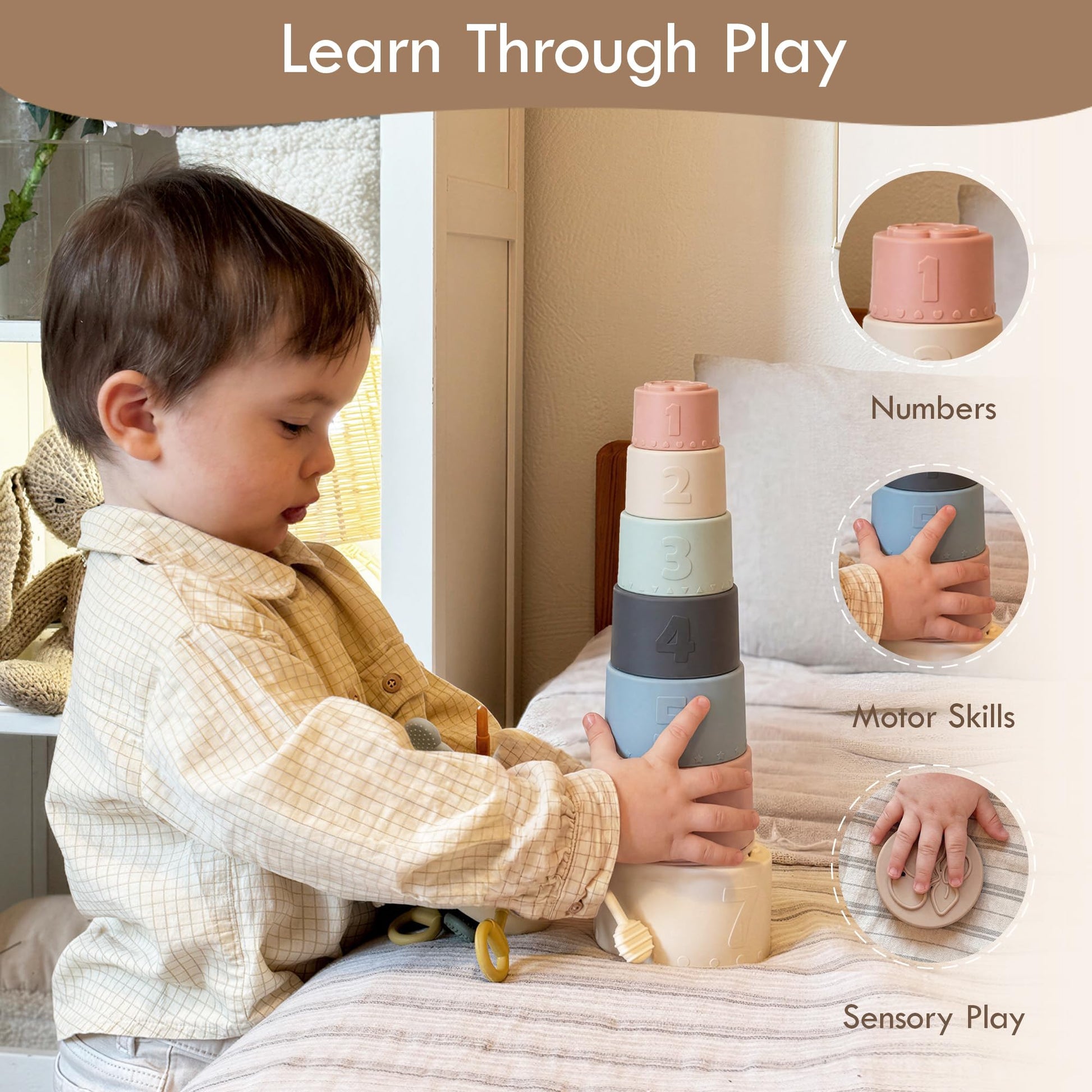 Moonkie Stacking Cups Toy, Fun Educational Baby Toys Silicone Soft Teething Toy, Age 6+ Months, 7 Piece Set