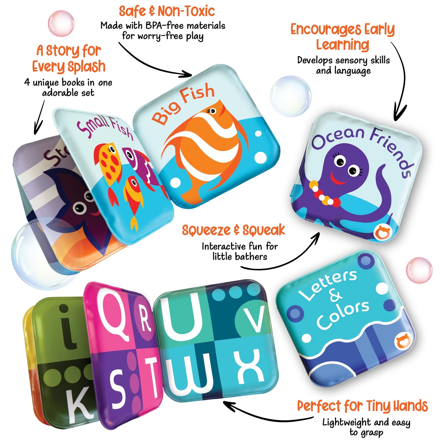 Floating Baby Bath Books Set of 4 - Bath Books for Babies, Infants - Waterproof, Mold-Free Bath Toys for Learning & Early Education (Fruit, Ocean