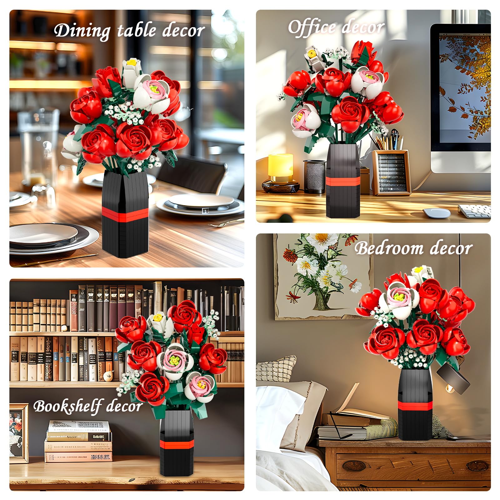 EXCOUP Flower Bouquet Building Set, Artificial Roses Toy Building Set with Vase, Building Blocks Flower Brick Toys for Home Office Decoration, Ideal