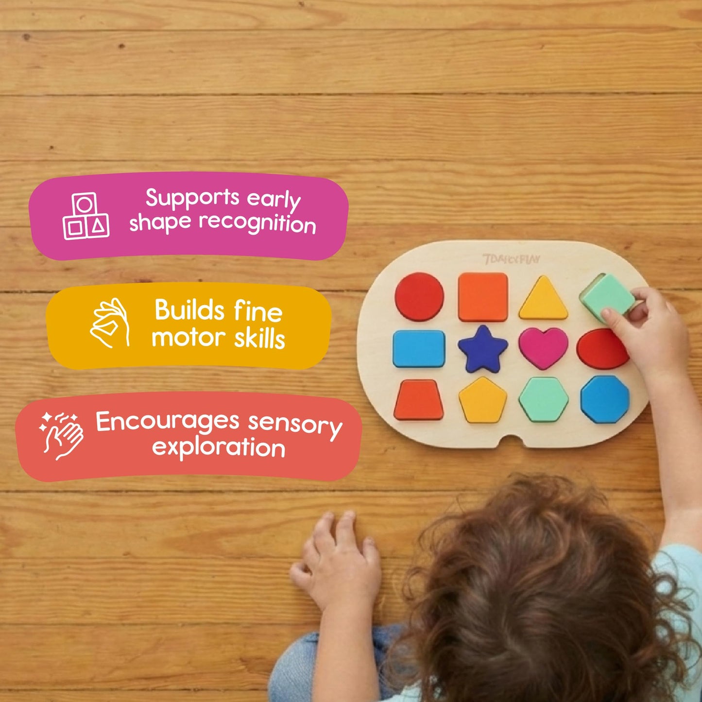 7 Days of Play Shape Puzzle for Kids, Sensory Bin Insert for Sensory Tables, Silicone Geometric Shapes, Wooden Fine Motor Learning Toy