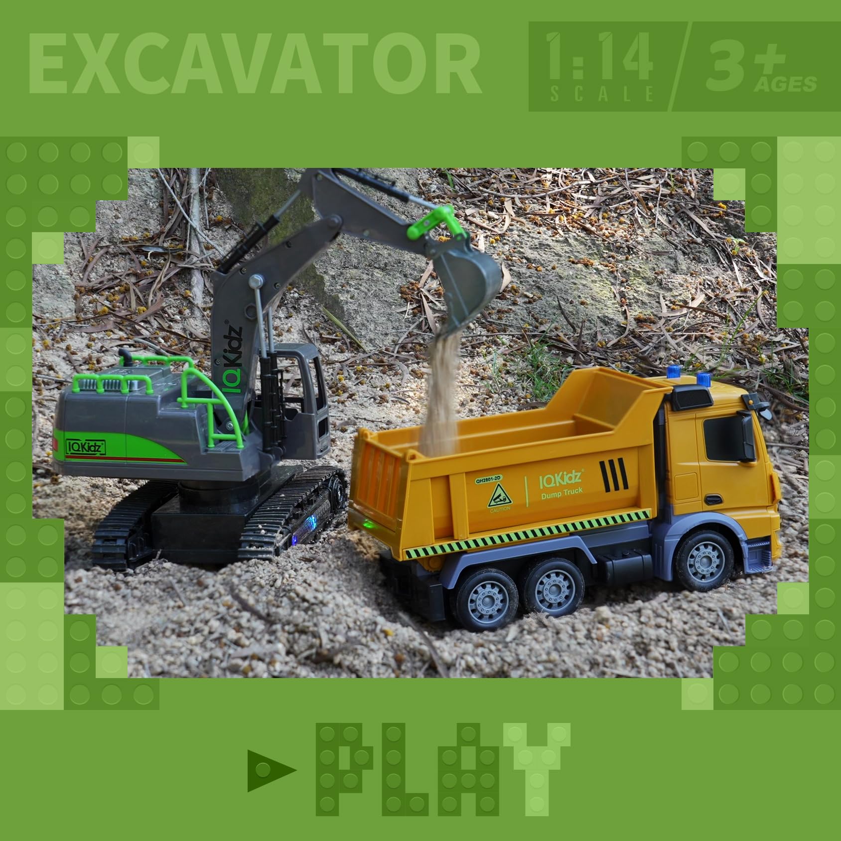IQKidz Remote Control Excavator Toys for Boys 4-7 Yrs Old - Best Birthday Gift for Kids Age 3 5 8 9 10+, Metal Shovel Construction Vehicles with Light