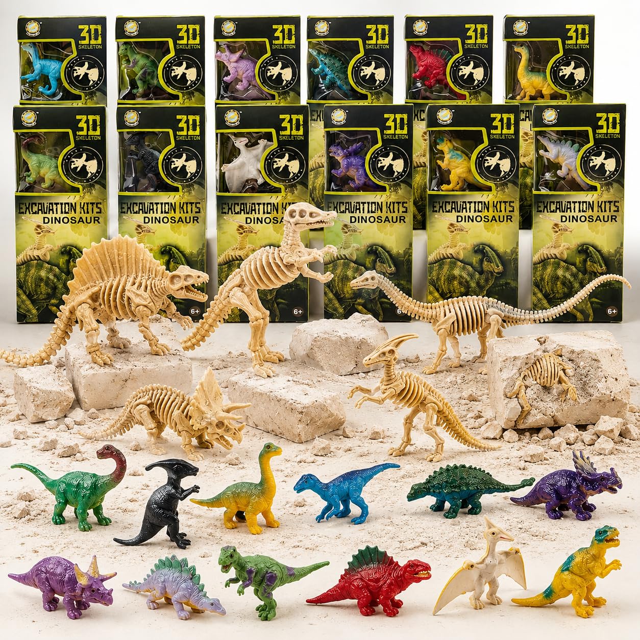12 Pack Dinosaur Excavation Dig Kit for Kids, Dino Fossil Dig Kits with 3D Skeleton Toys, Bulk STEM Science Paleontology Archaeology Educational Toys