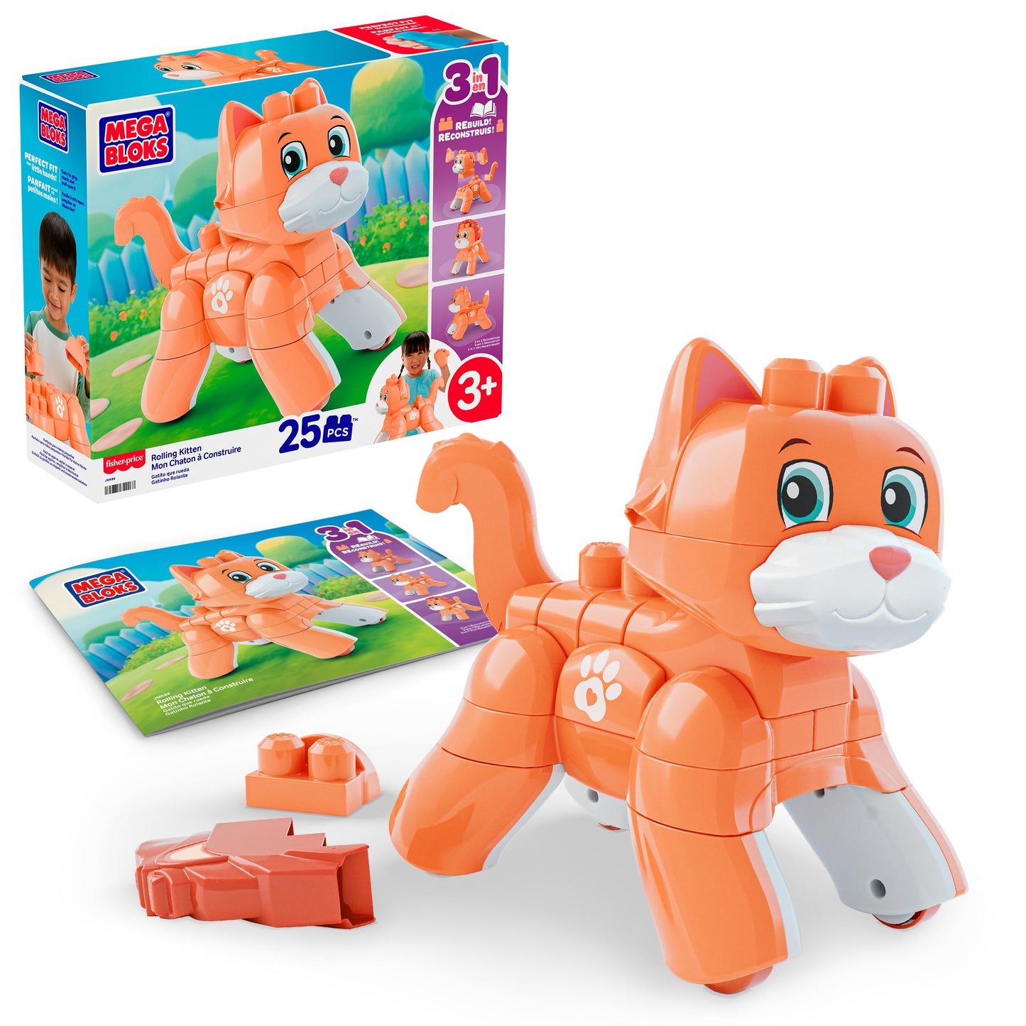 MEGA BLOKS Toddler Block Toys Set, 3 in 1 Rolling Kitten with 25 Pieces and Rolling Wheels, Fox and Lion Rebuilds, Ages 3+ Years