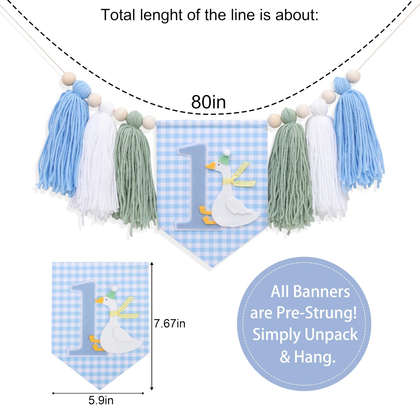 One Funny Goose High Chair Banner for Boys - Goose Theme 1st Birthday Decorations, Blue Gingham Style 1st Birthday Yarn Tassel Banner, Boys First
