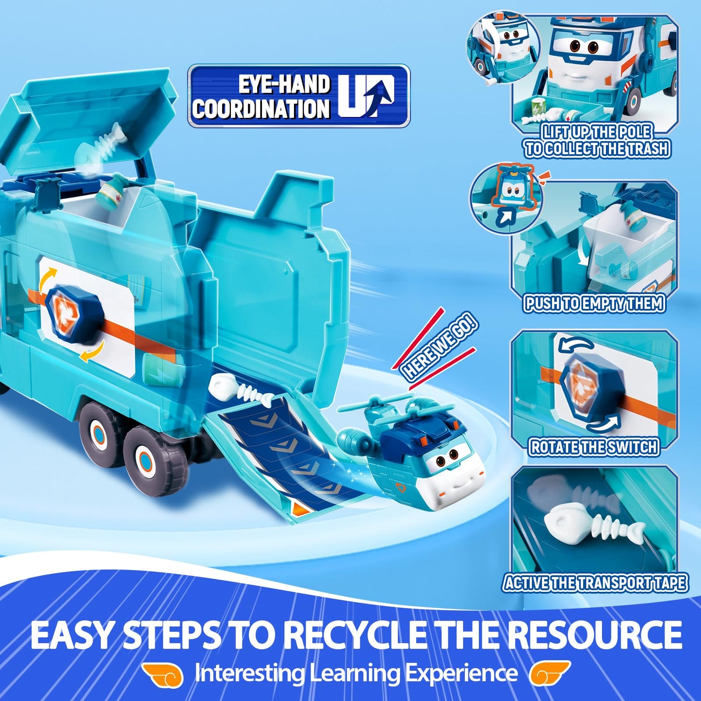 Super Wings Garbage Truck, Large Trash Marc and Cleaning Helicopter Shine Recycling Dump Play Set, Vehicle Learning Toys Set, Street Sweeper Cars Toys
