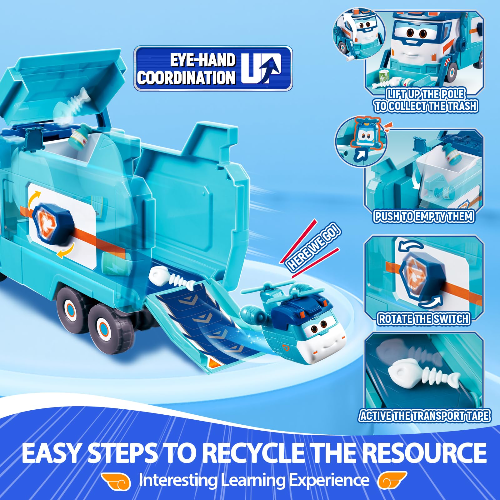 Super Wings Garbage Truck, Large Trash Marc and Cleaning Helicopter Shine Recycling Dump Play Set, Vehicle Learning Toys Set, Street Sweeper Cars Toys