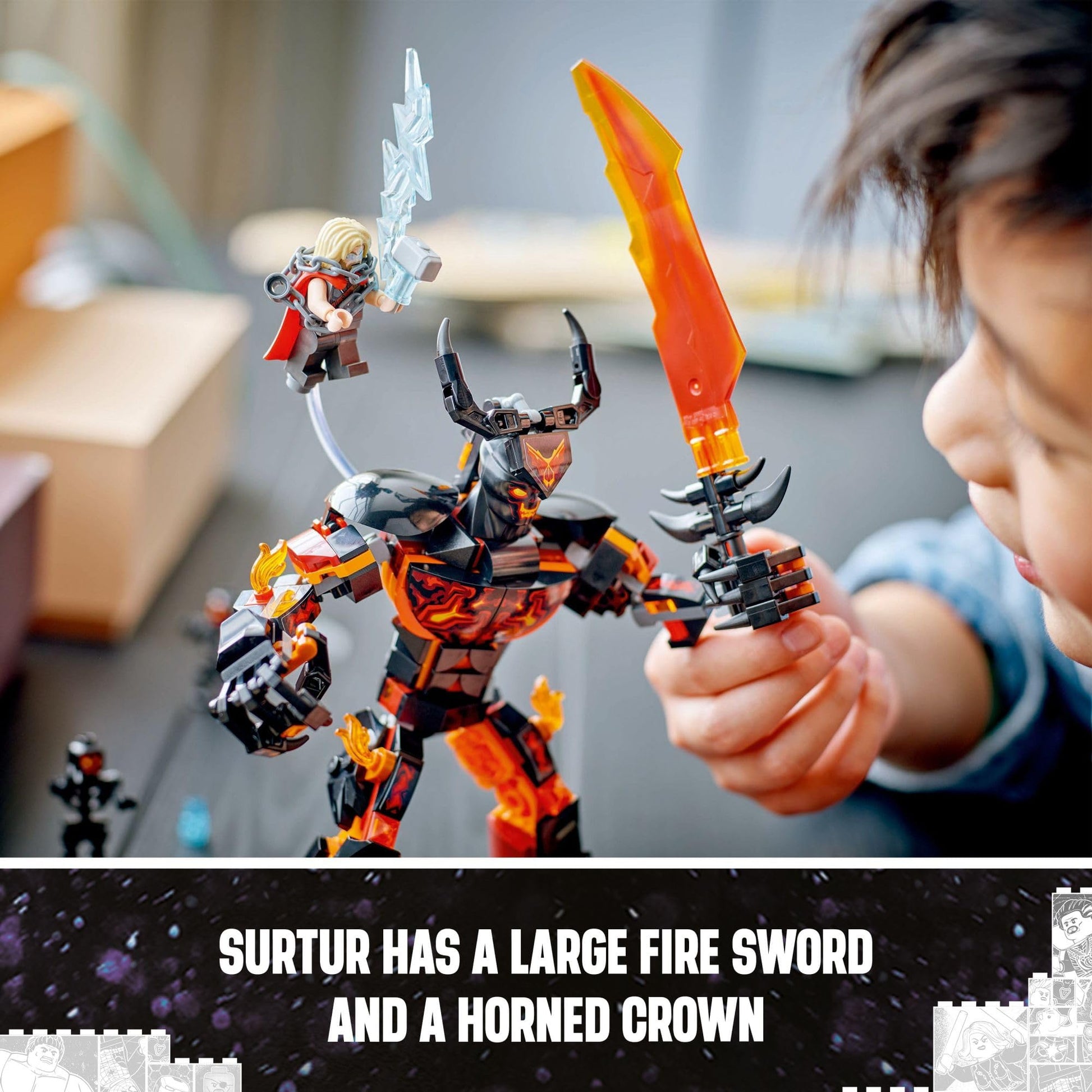 LEGO Marvel Thor vs. Surtur Construction Figure, Buildable Thor Super Hero Toy for Kids, Marvel Action Figure Playset with 3 Minifigures, Gift for