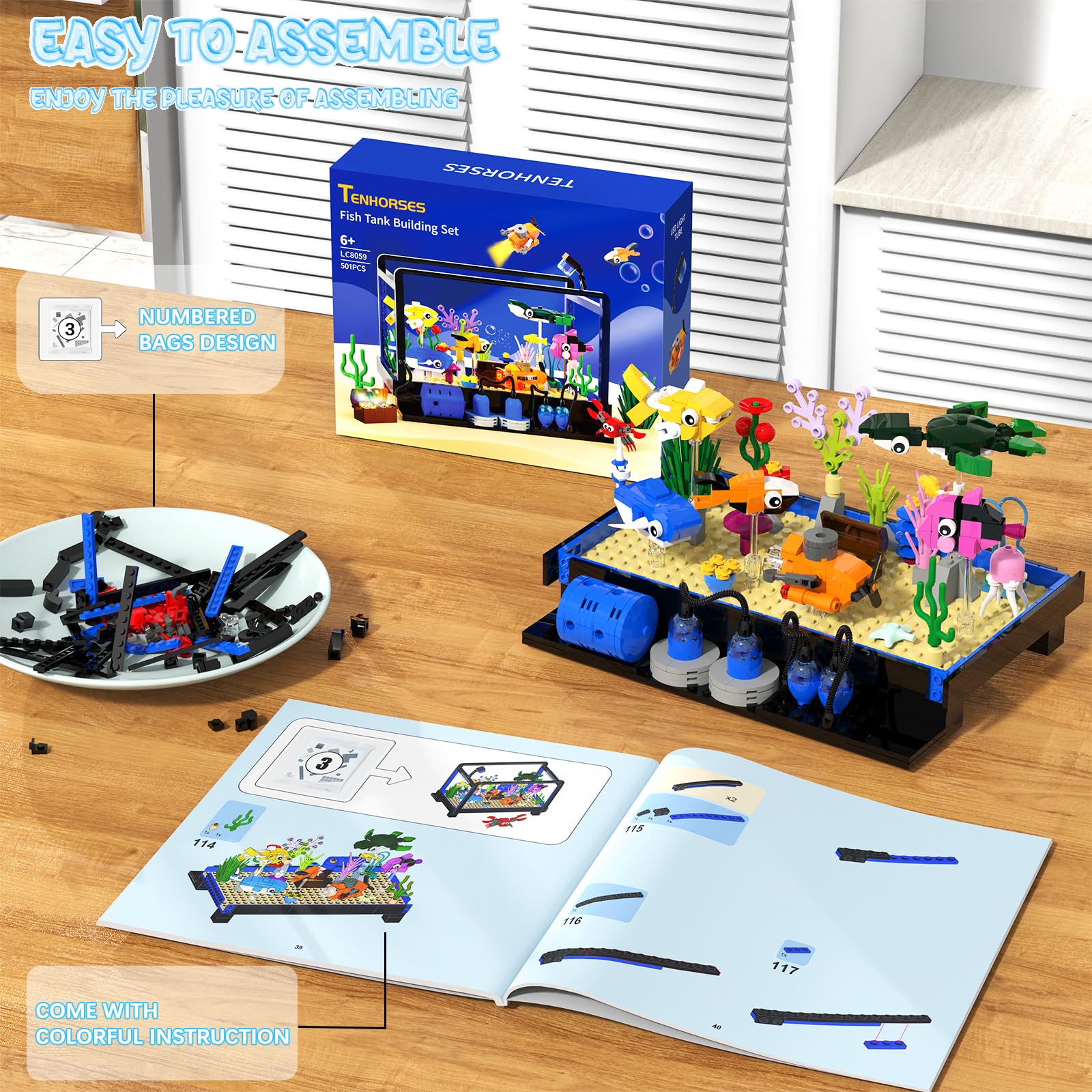 Tenhorses Fish Tank Building Block Set, Lighting Aquarium Sets Including Marine Life, a Submarine and a Treasure Chest, Building Block Toy for 6+