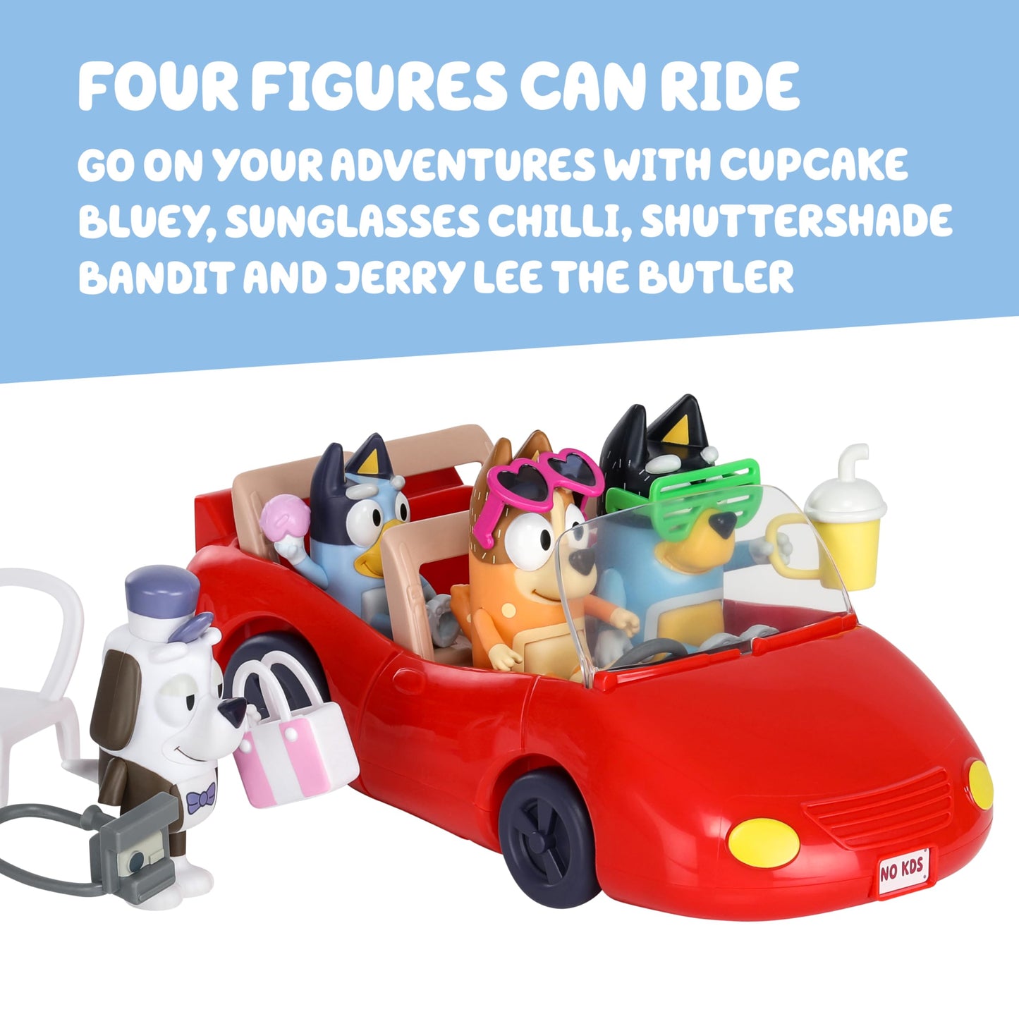 Bluey Escape Convertible Toy Car, 4 Figures & 9 Accessories
