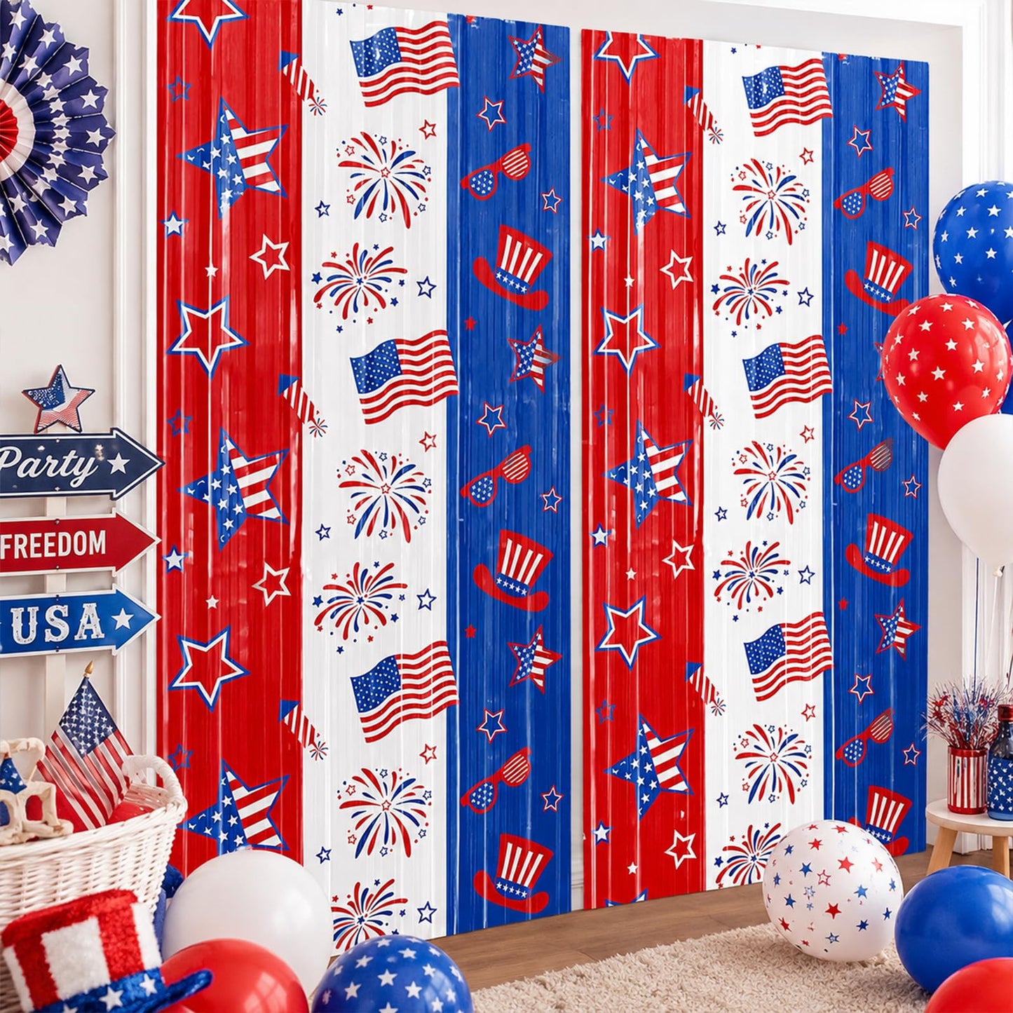 2 Pack 4th of July Foil Fringe Curtains, Red White Blue Patriotic Backdrop Streamers 3.3 x 6.6 ft, American Flag Hanging Decorations for Independence