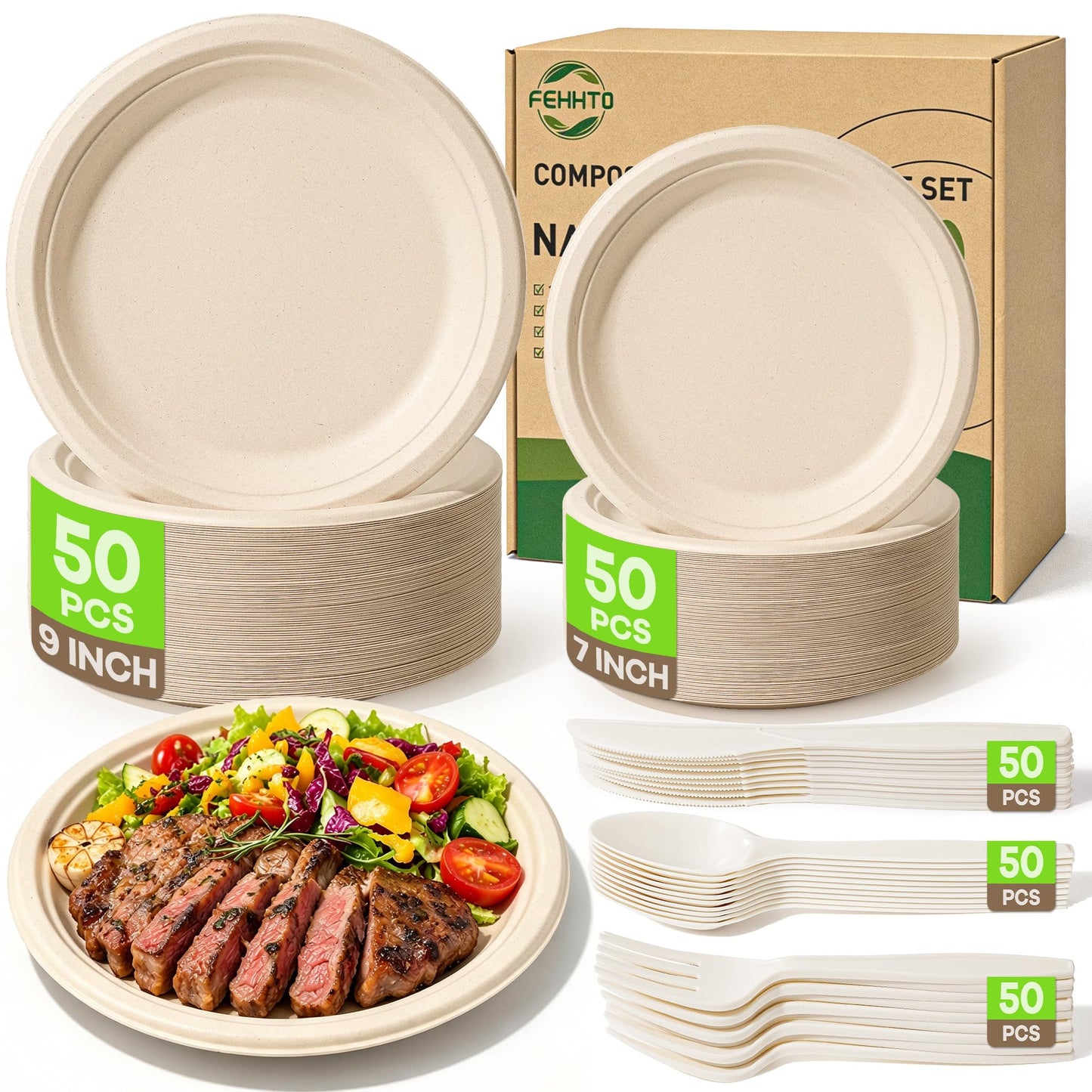 FEHHTO Compostable Paper Plates Set, 250PCS Disposable Heavy-Duty Sugarcane Plate and Eco-Friendly Utensil Biodegradable Dinnerware Plates, Extra Long