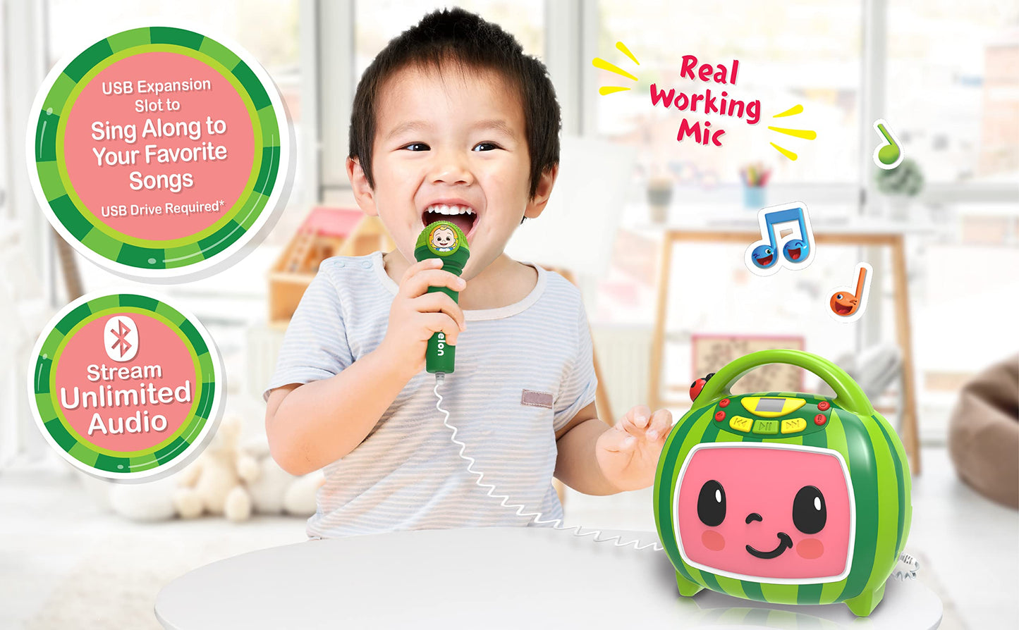 eKids Cocomelon Karaoke Machine, Portable Bluetooth Party Speaker with Microphone for Kids, Built-in Cocomelon Songs and Speaker with USB Port to Play