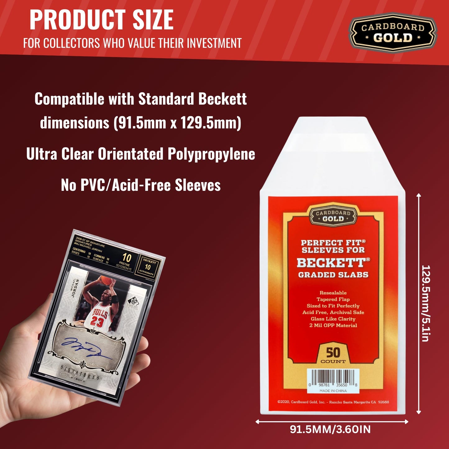 Cardboard Gold BGS Graded Card Sleeves 91.5x129.5mm - Crystal Clear 2mil OPP Slab Sleeves for Beckett Slabs - Perfect Fit Resealable Protection for