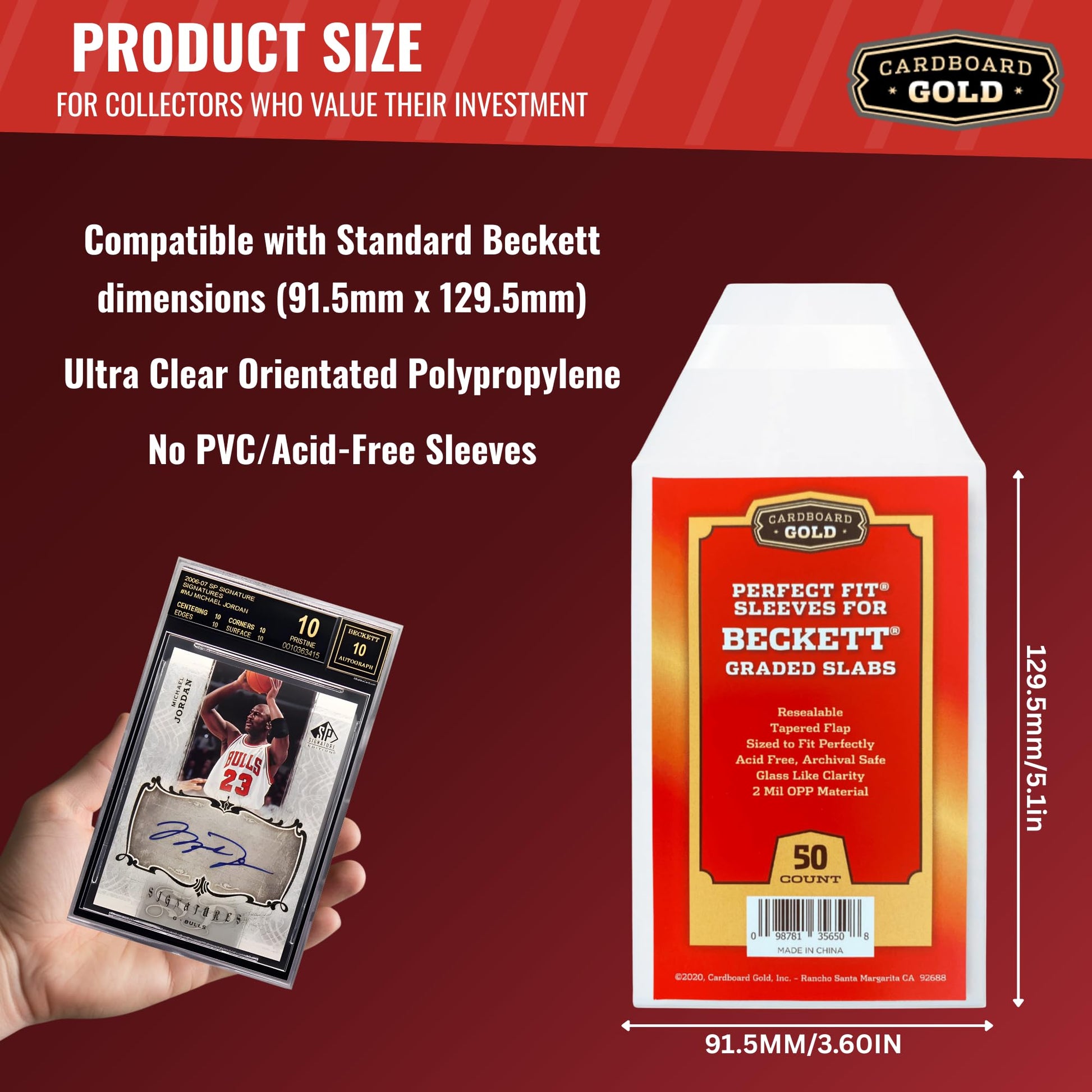 Cardboard Gold BGS Graded Card Sleeves 91.5x129.5mm - Crystal Clear 2mil OPP Slab Sleeves for Beckett Slabs - Perfect Fit Resealable Protection for