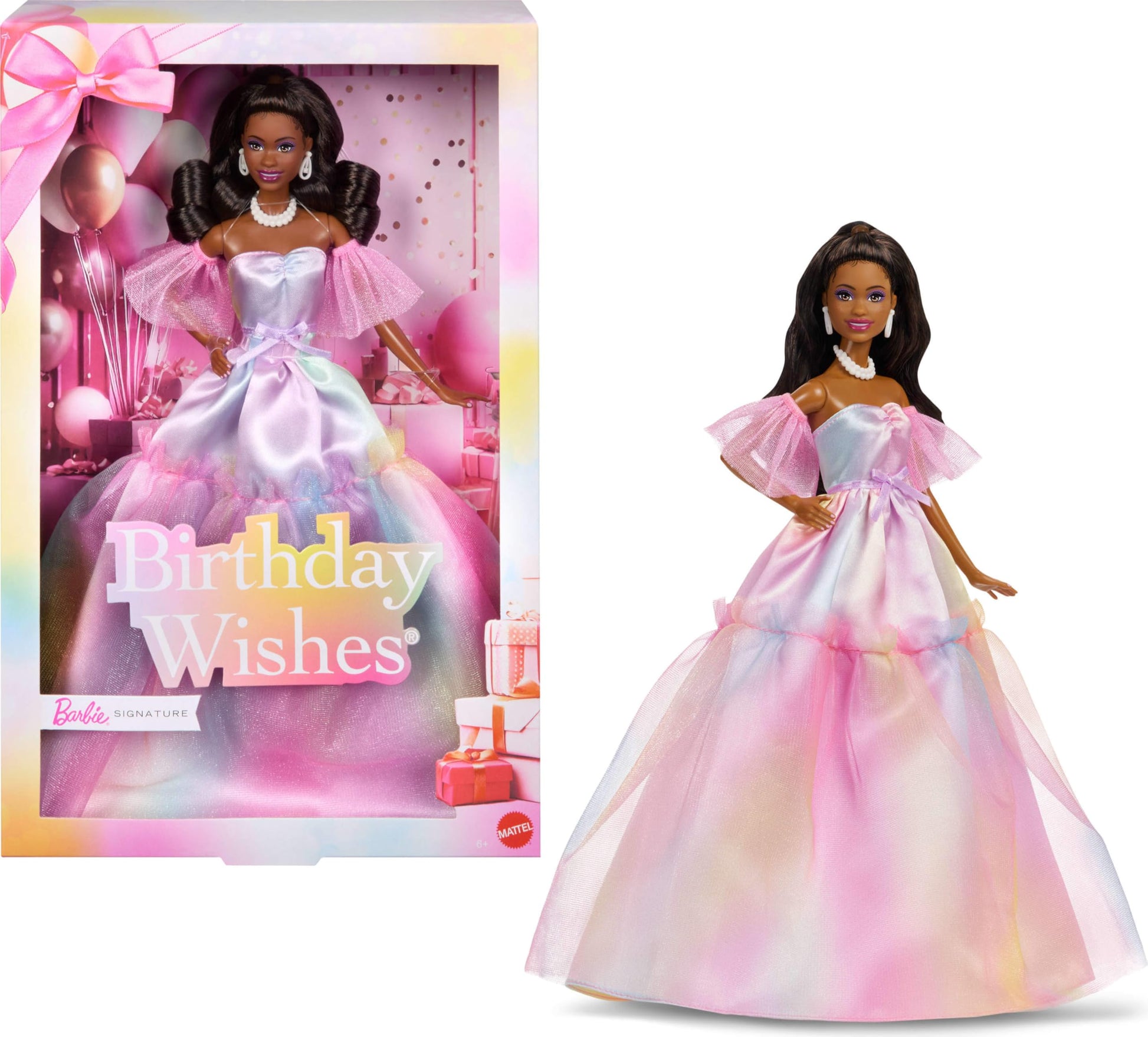 Barbie Signature Birthday Wishes Fashion Doll with Black Hair in Dress with Pastel Rainbow Effect, Collectible Toy with Giftable Packaging