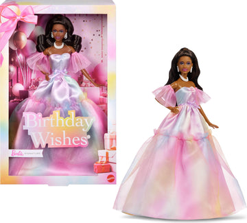 Barbie Signature Birthday Wishes Fashion Doll with Black Hair in Dress with Pastel Rainbow Effect, Collectible Toy with Giftable Packaging