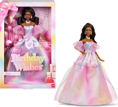 Barbie Signature Birthday Wishes Fashion Doll with Black Hair in Dress with Pastel Rainbow Effect, Collectible Toy with Giftable Packaging