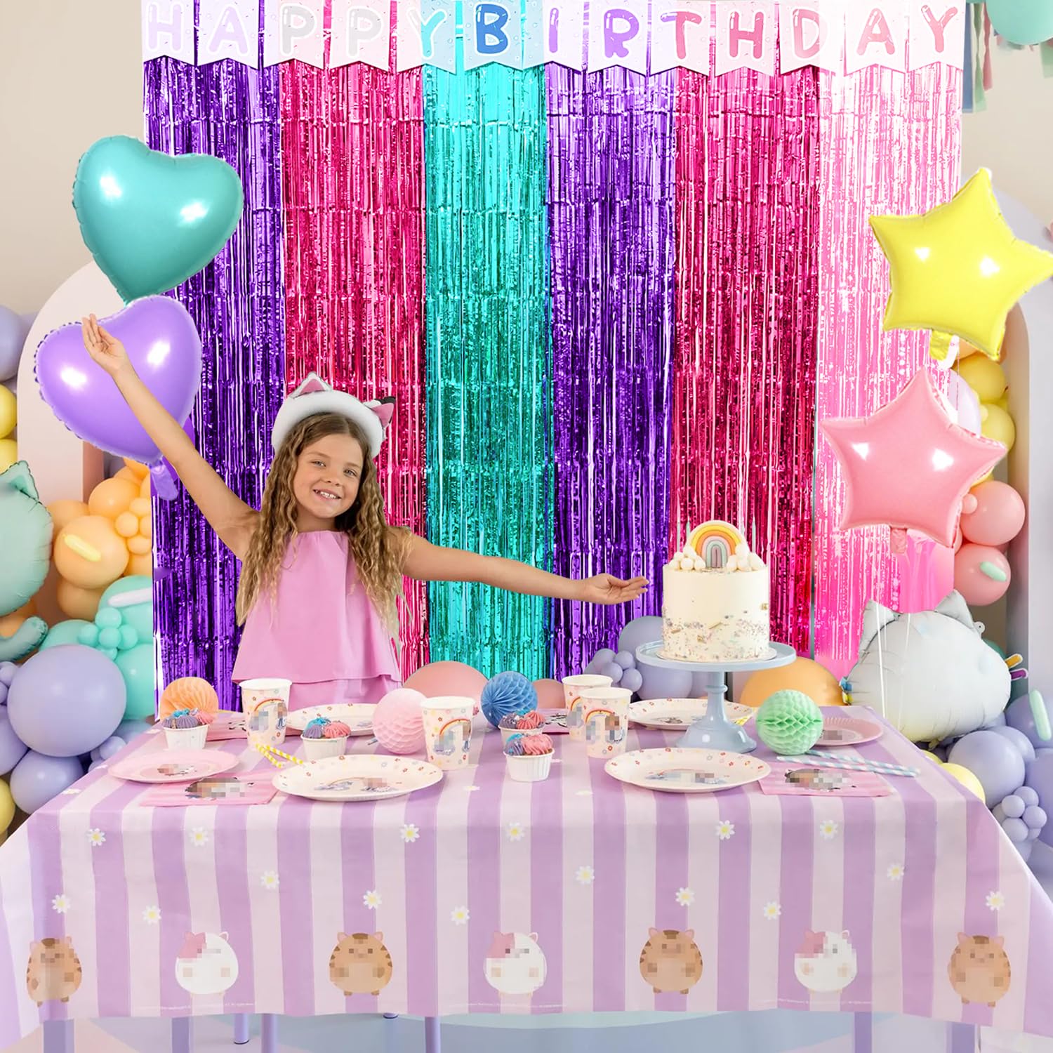 Satankya Cute Dollhouse Birthday Decorations, 2 Pack Dollhouse Party Photo Booth Prop, Purple Pink Teal Fringe Curtains Tinsel Photo Streamers