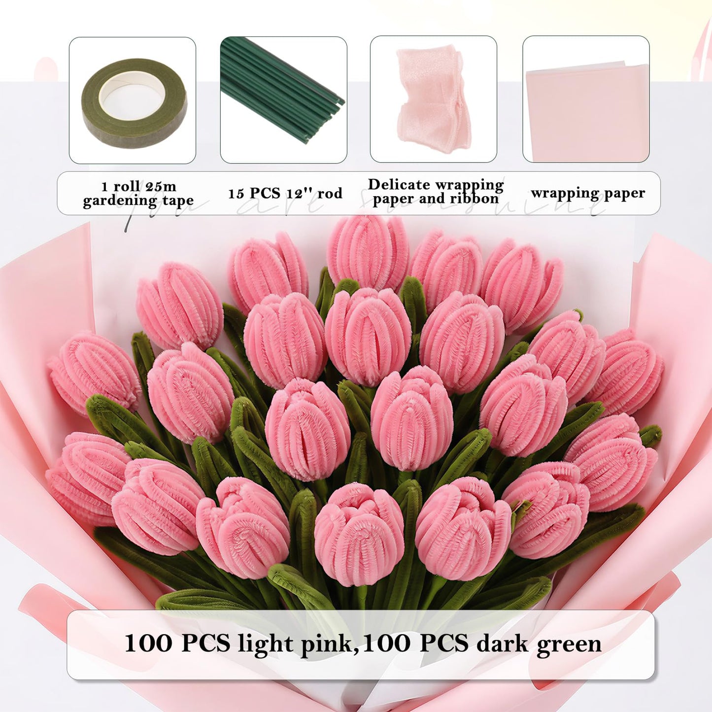iCraftine Pipe Cleaner Flower Kit, Including Pink and Green Chenille Stems, Floral Stem, Gardening Tape, Ribbon for Making Flower Bouquet