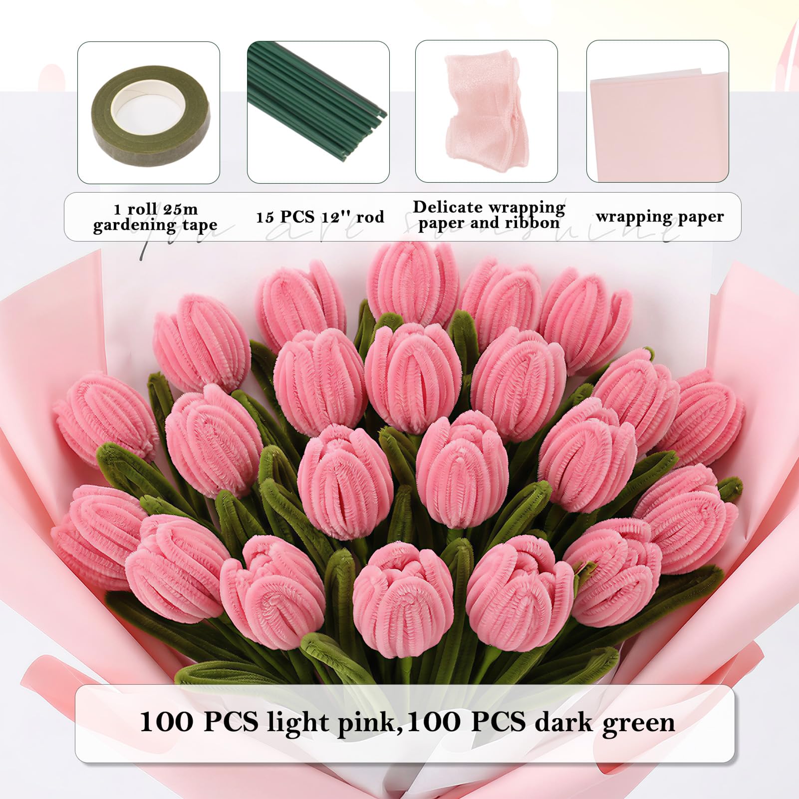 iCraftine Pipe Cleaner Flower Kit, Including Pink and Green Chenille Stems, Floral Stem, Gardening Tape, Ribbon for Making Flower Bouquet