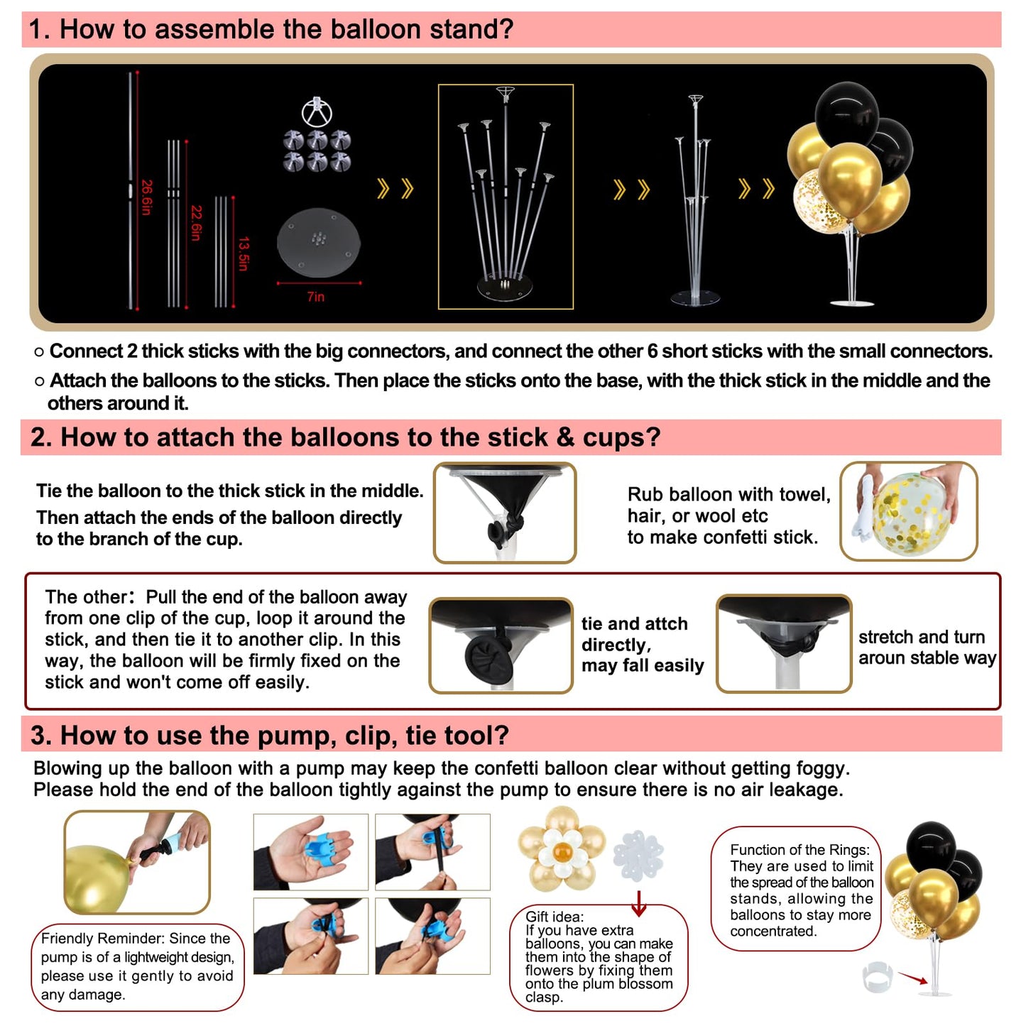TONIFUL 4 Set Black Gold Balloon Stand Balloon Centerpieces for Table