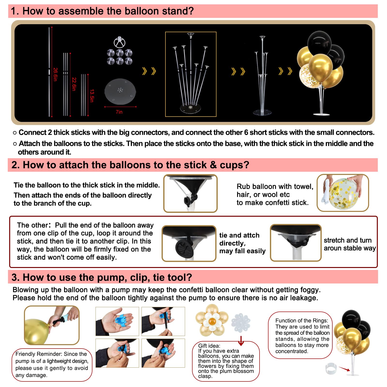 TONIFUL 4 Set Black Gold Balloon Stand Balloon Centerpieces for Table