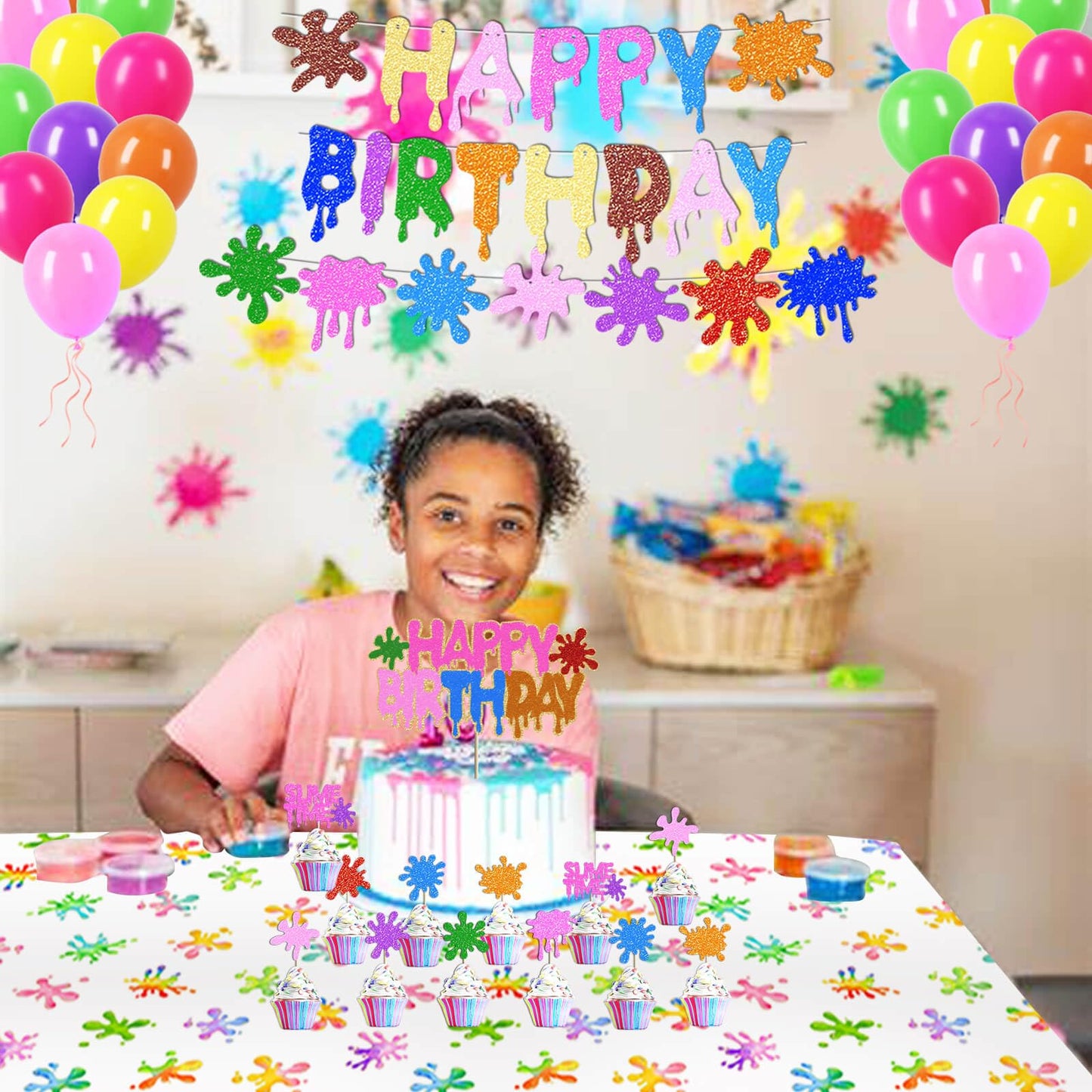 2pcs Slime Time Birthday Party Tablecloths 108 x 54 inches Colorful Splatter Painting Table Cover Splash Graffiti Table Cloths for Slime Theme Kids