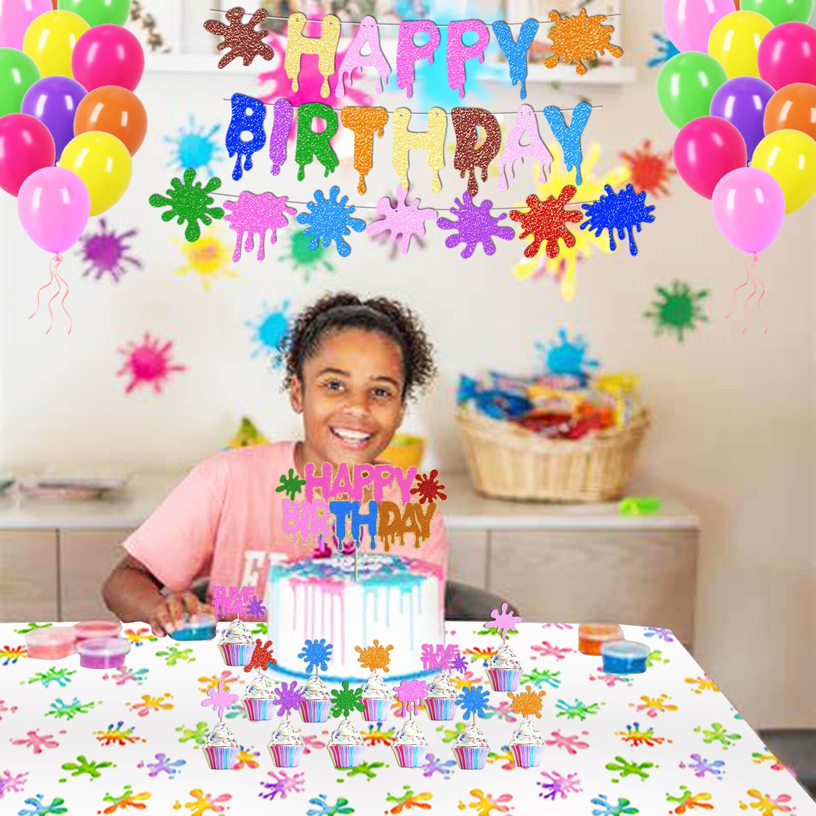 2pcs Slime Time Birthday Party Tablecloths 108 x 54 inches Colorful Splatter Painting Table Cover Splash Graffiti Table Cloths for Slime Theme Kids