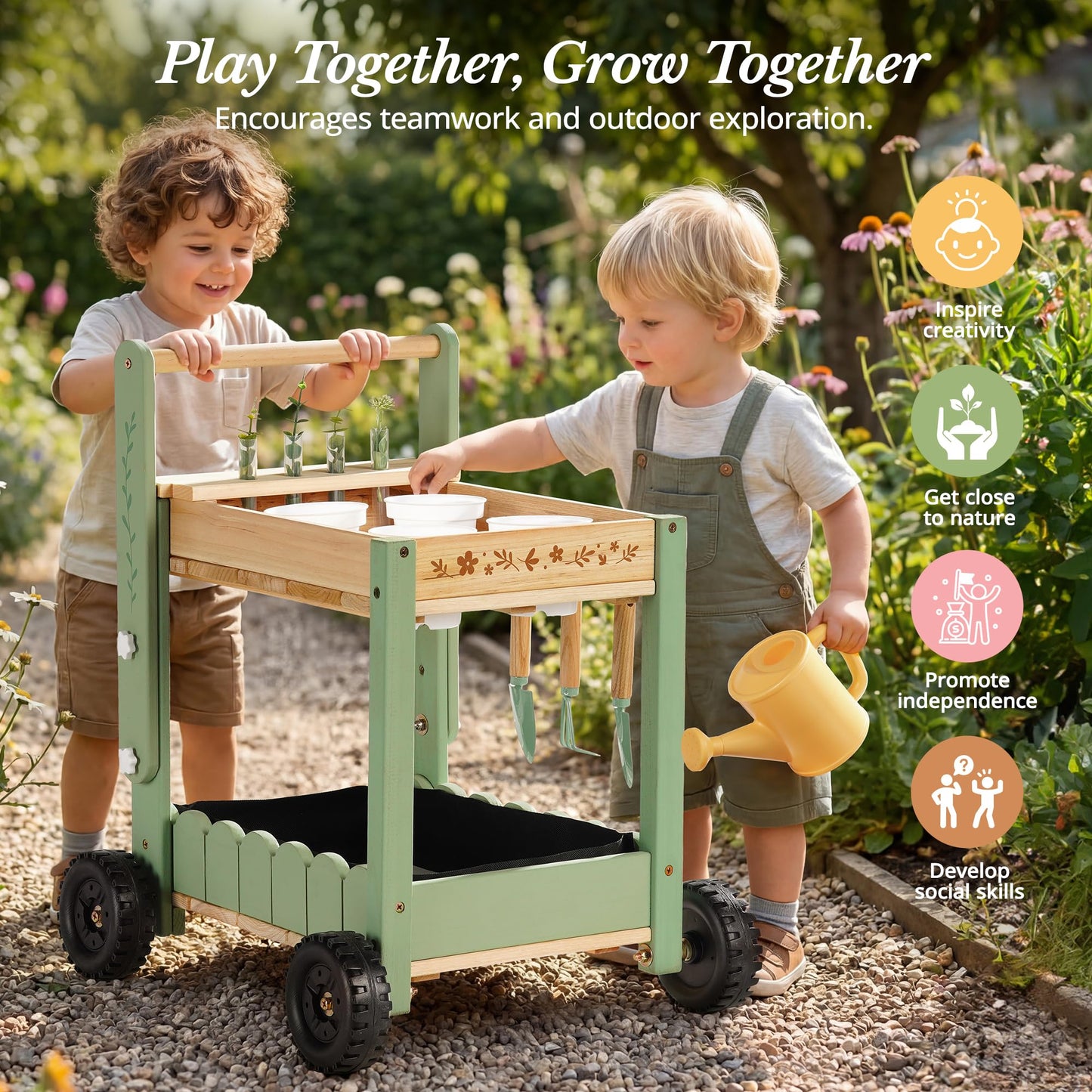 ROBOTIME Kids Gardening Tools with Cart Wheelbarrow - Wooden Outdoor Garden Toys Set with Watering Can, Shovel, Hand Rake & Plant Labels, Outdoor
