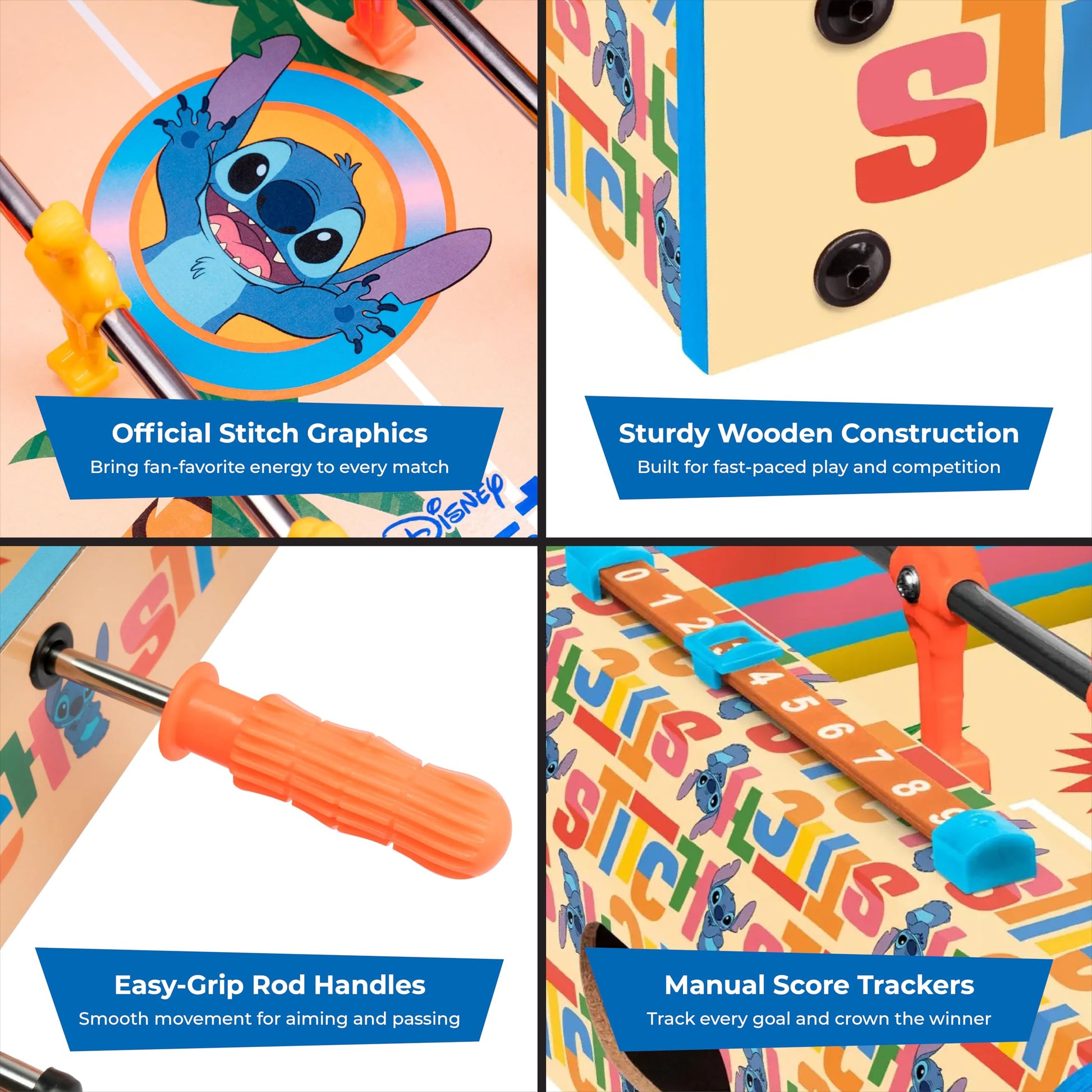 World Tech Toys Disney Stitch Foosball Table for Kids - Tabletop Soccer Game with Rod Handles, Ball & Players - Wooden Mini Game Table for Kids 4+