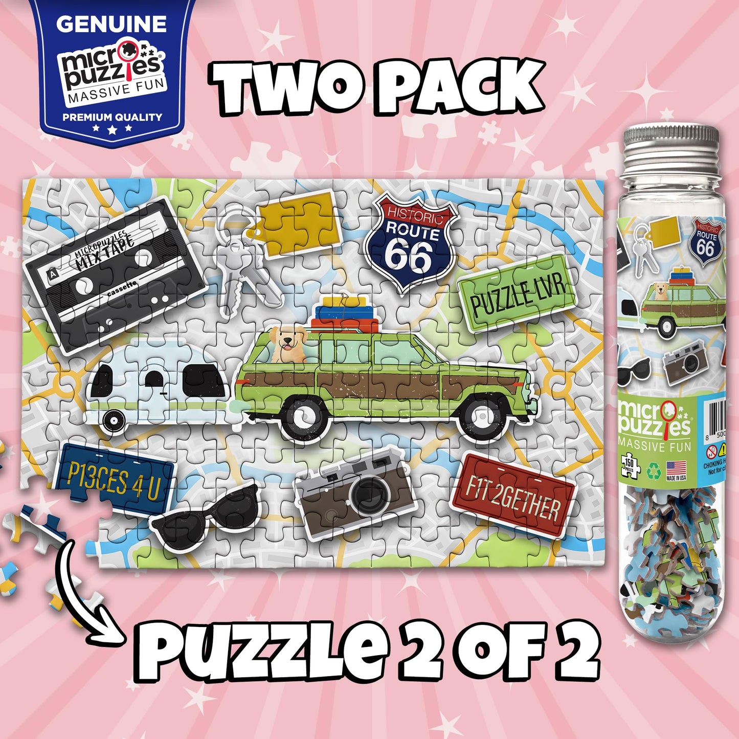 MicroPuzzles “Road Trip” Mini Jigsaw Puzzle 2-Pack - 150-Piece Adventure Travel 4×6 in Puzzle Gift | Made in USA | Small Business