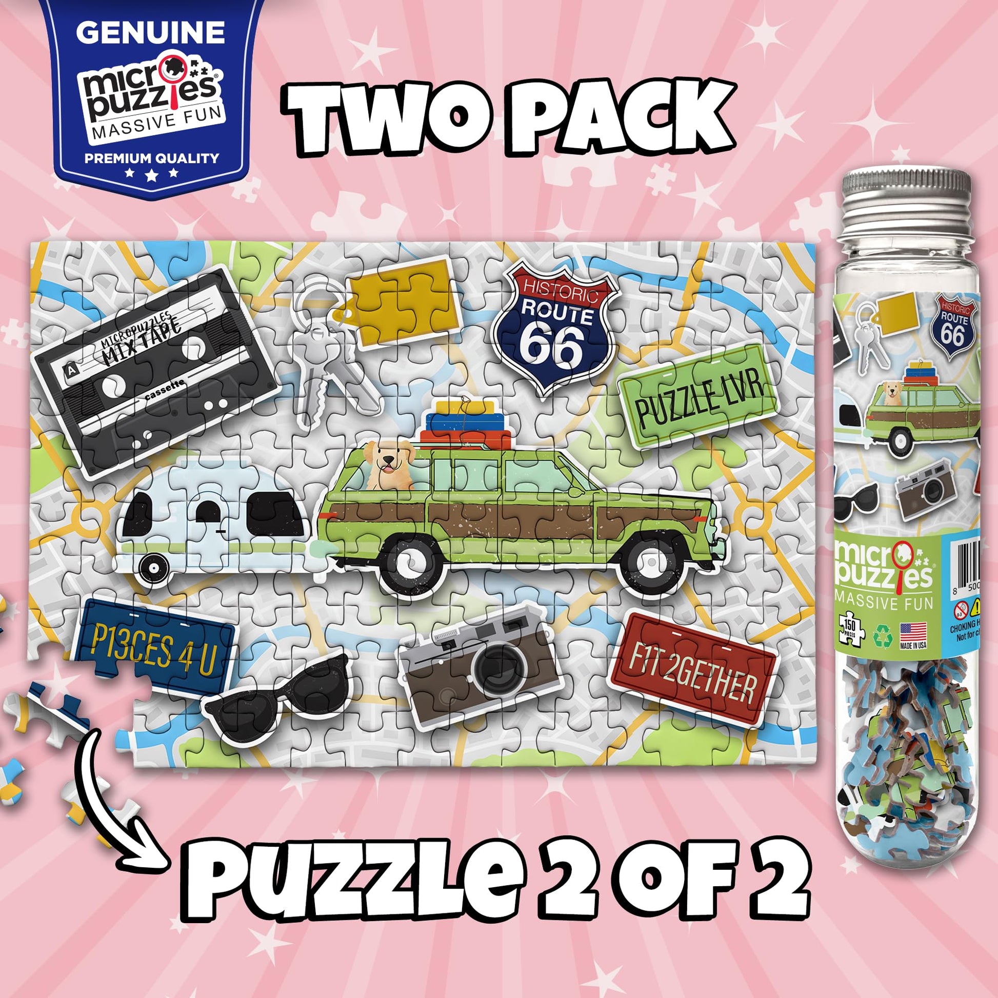 MicroPuzzles “Road Trip” Mini Jigsaw Puzzle 2-Pack - 150-Piece Adventure Travel 4×6 in Puzzle Gift | Made in USA | Small Business
