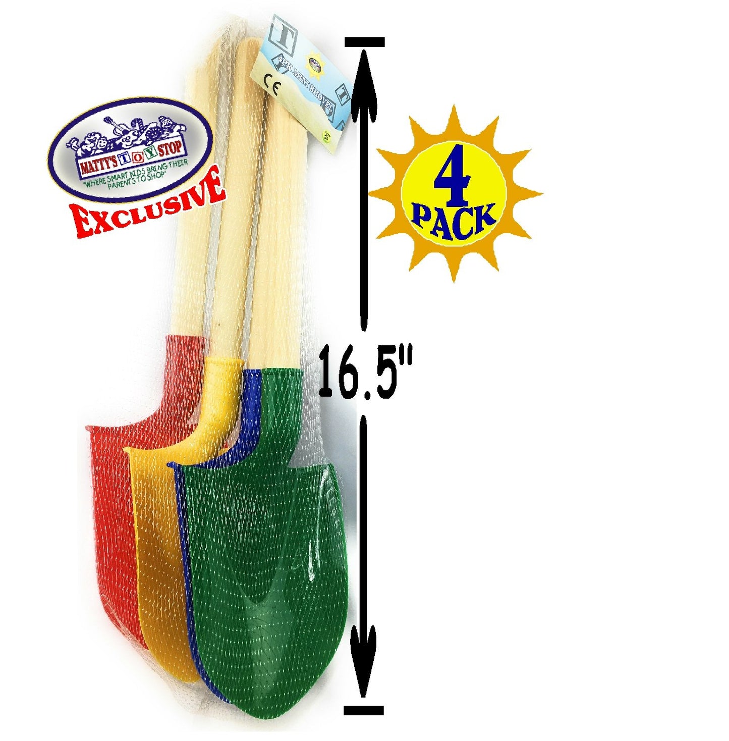 Matty's Toy Stop 16.5" Wooden Mini Sand Shovels for Kids with Plastic Spade (Red, Blue, Green & Yellow) Complete Gift Set Party Bundle - 4 Pack