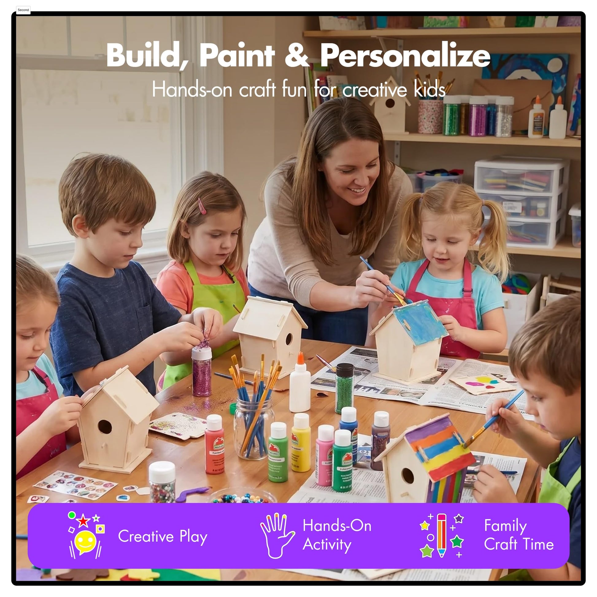 Podzly Kids Wooden Birdhouse Craft Kit 12 Pack - DIY Bird House Kits for Kids Ages 3+ - Personalize, Build & Paint Your Own Birdhouse - 3 Designs