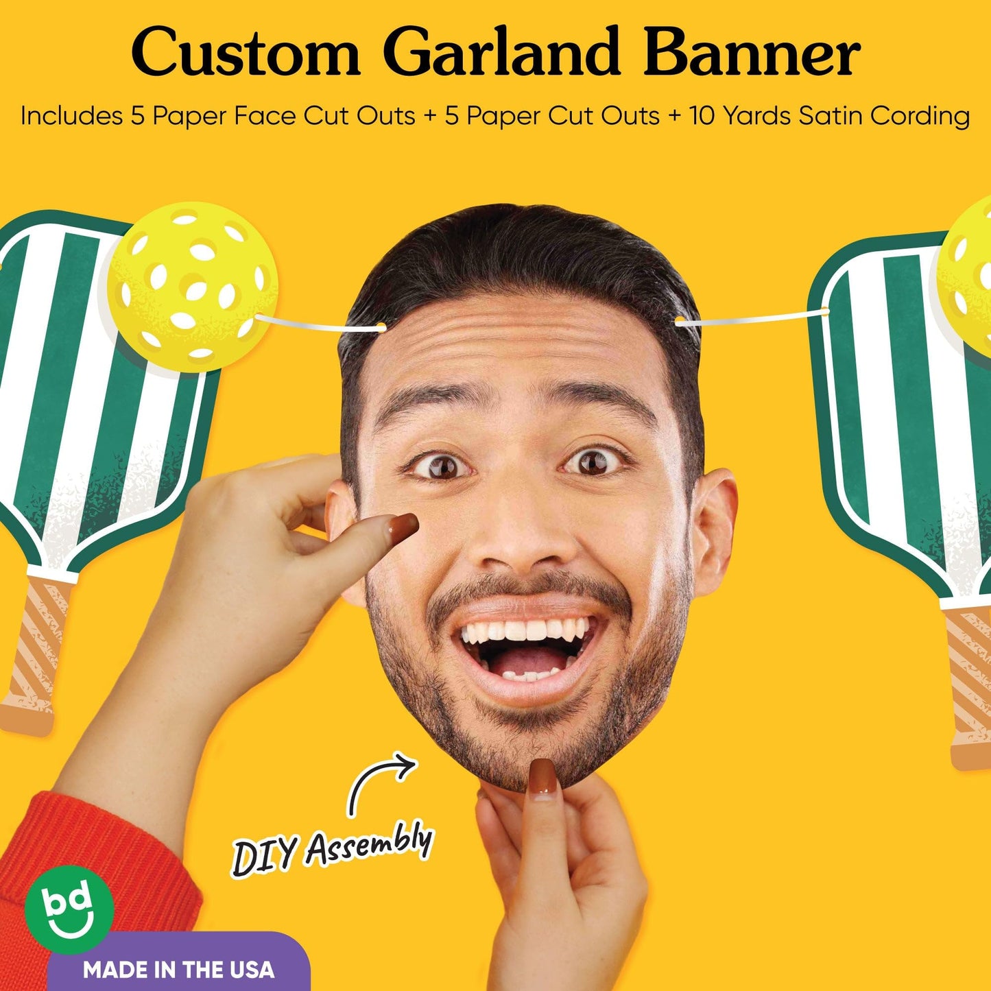 Big Dot of Happiness Custom Pickleball Face Cut Out Garland Banner, Personalized Sports Birthday or Retirement Party Decor, 30 Feet of Cord, 5 Photo