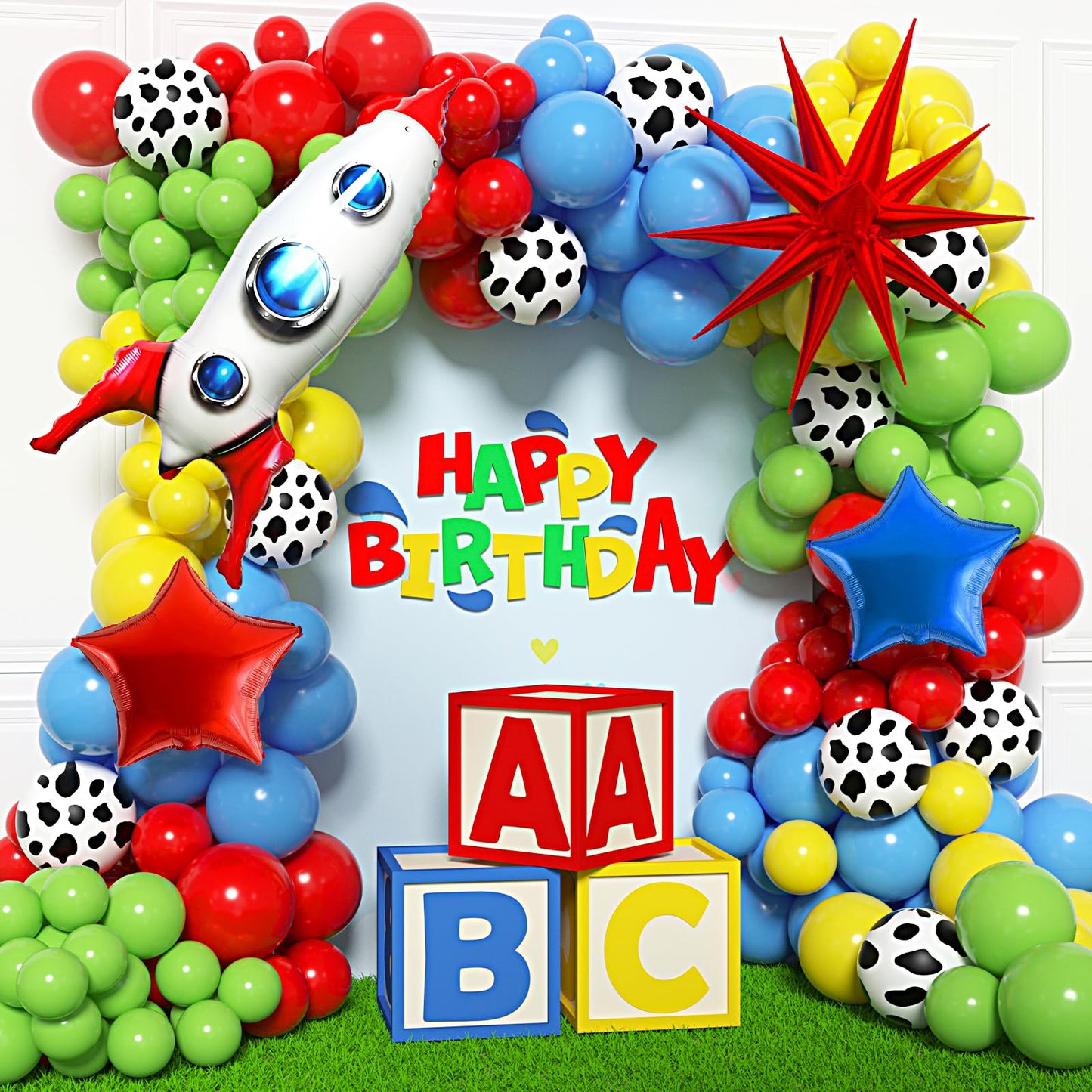 162Pcs Toy Inspired Story Balloon Garland Arch Kit Red Blue Yellow Green Balloon Cow Boy Star Rocket Exploding Star Balloons for Kids Toy Inspired