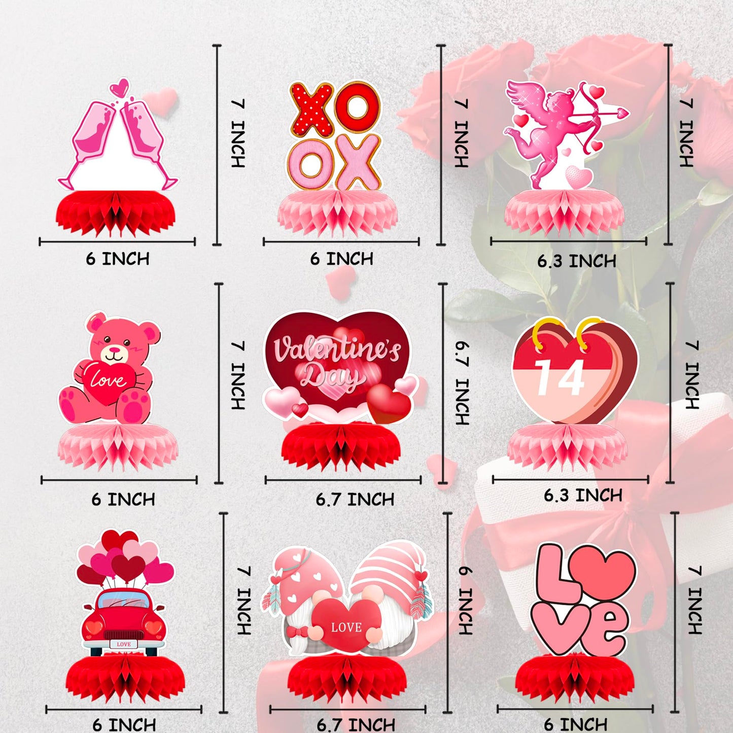 9 Pcs Valentines Day Decorations Honeycomb Centerpiece, Pink Valentines Table Decorations Valentines Table Centerpiece for Valentines Day Party