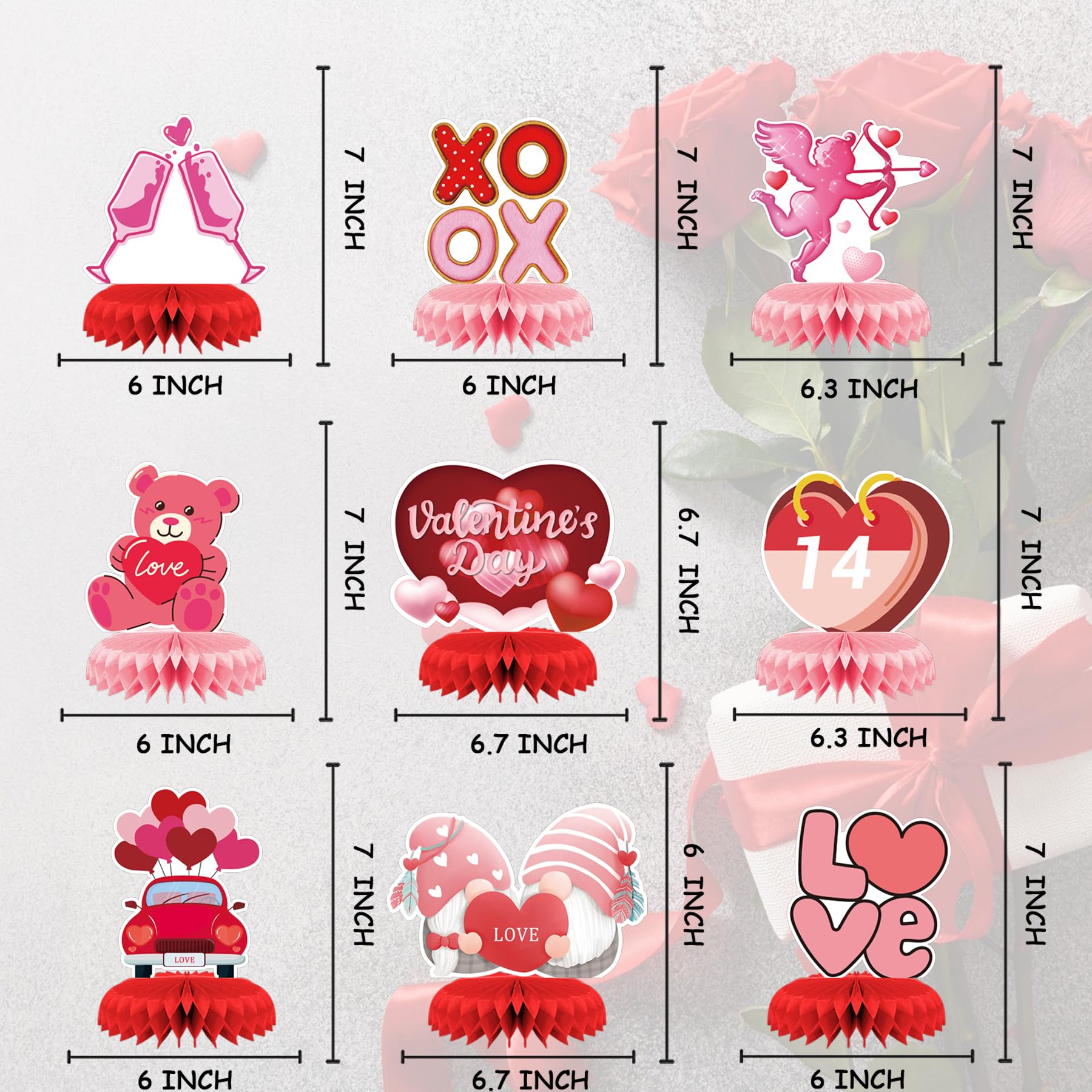 9 Pcs Valentines Day Decorations Honeycomb Centerpiece, Pink Valentines Table Decorations Valentines Table Centerpiece for Valentines Day Party
