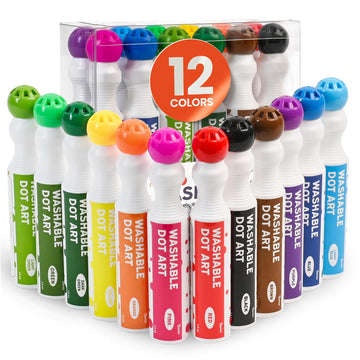 Playkidiz Washable Dot Markers for Toddlers, 12 Colors (40ml 1.35oz) Paint Marker Dot Art Set, Water Based Non-Toxic Bingo Daubers for Kids