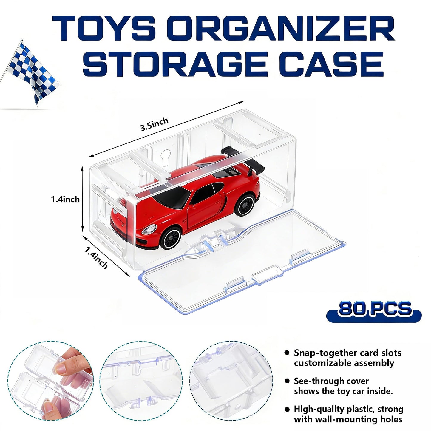 80-Pack Interlocking Toy Car Storage Case for 1/64 Scale Die-Cast Cars, Compatible with Hot Wheels & Matchbox Mini Cars, Clear Dustproof Stackable